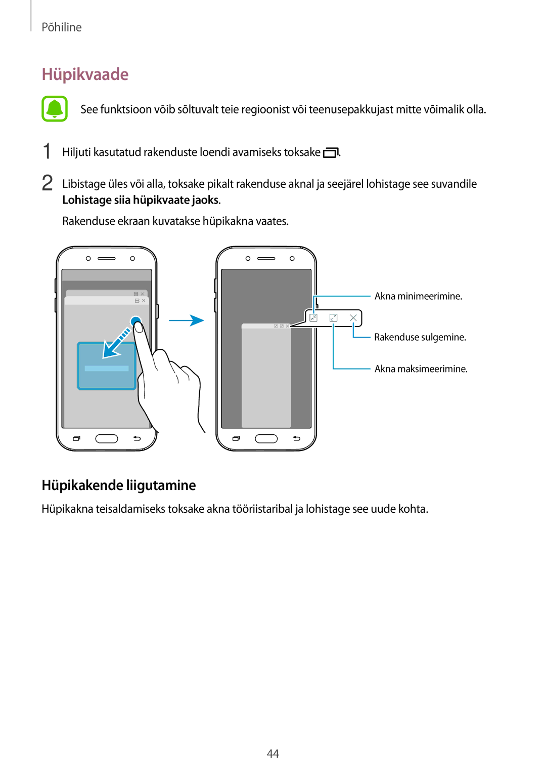 Samsung SM-J530FZSDSEB, SM-J730FZSDSEB, SM-J730FZKDSEB Hüpikvaade, Hüpikakende liigutamine, Lohistage siia hüpikvaate jaoks 