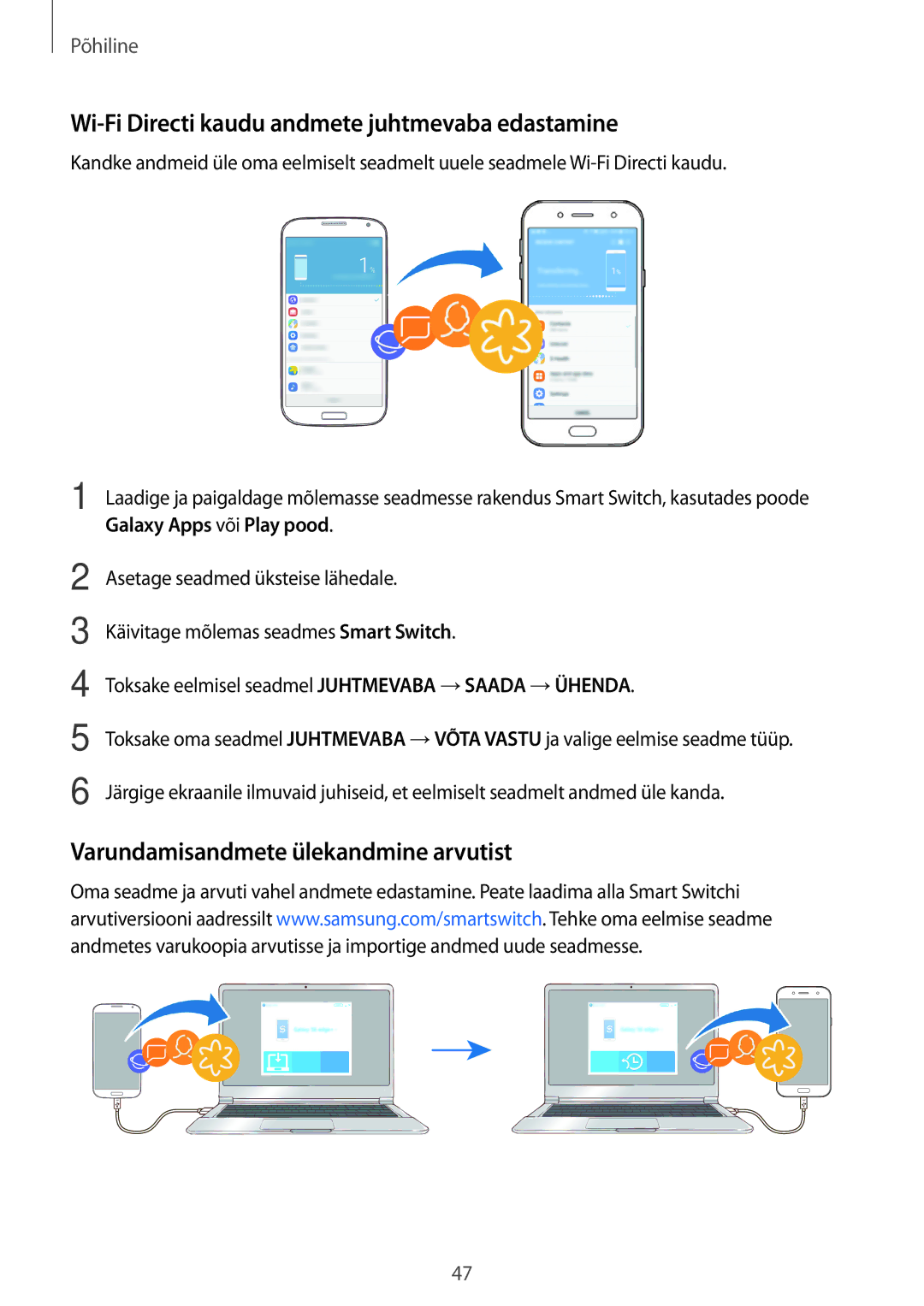 Samsung SM-J730FZDDSEB manual Wi-Fi Directi kaudu andmete juhtmevaba edastamine, Varundamisandmete ülekandmine arvutist 