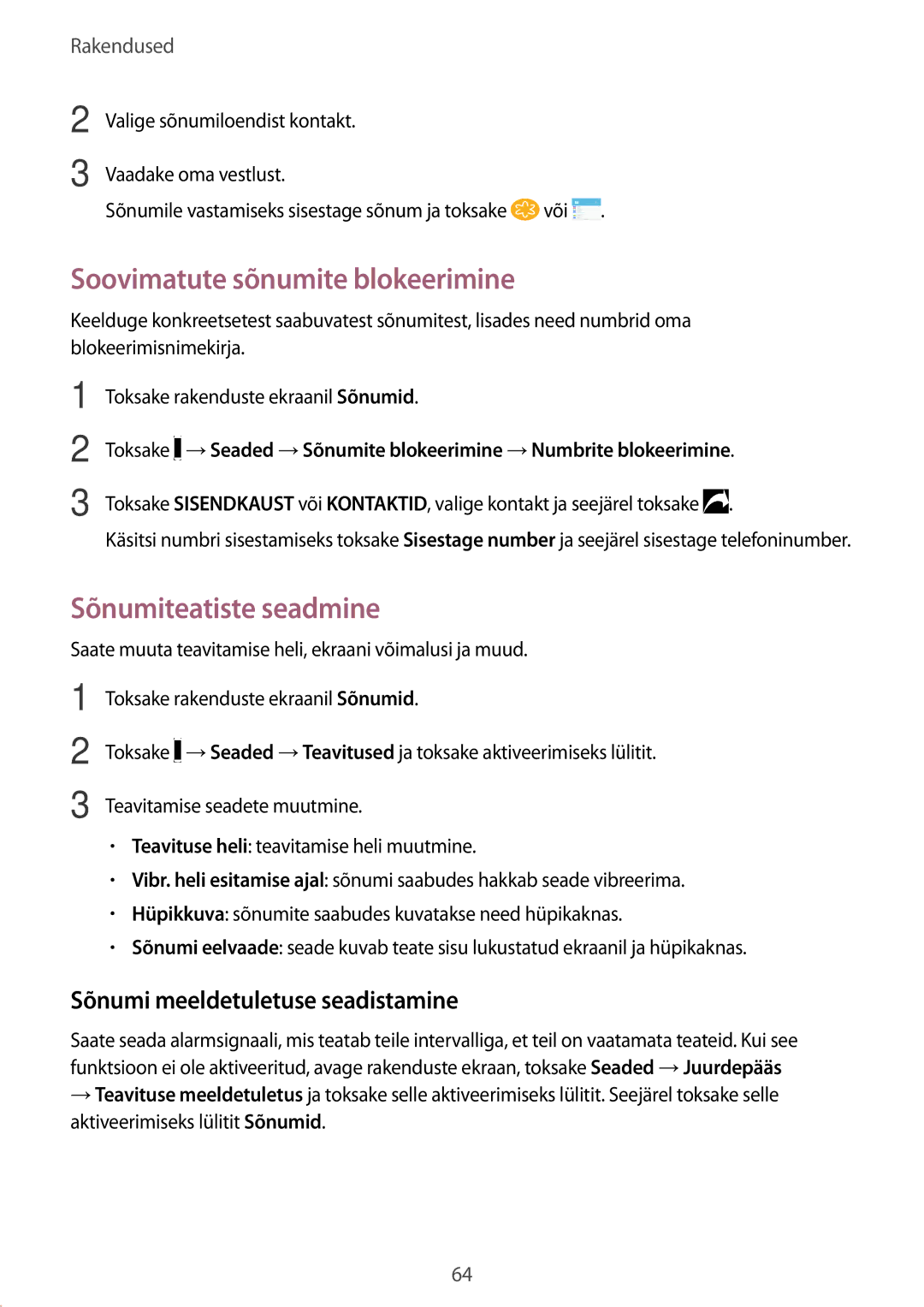 Samsung SM-J530FZDDSEB Soovimatute sõnumite blokeerimine, Sõnumiteatiste seadmine, Sõnumi meeldetuletuse seadistamine 