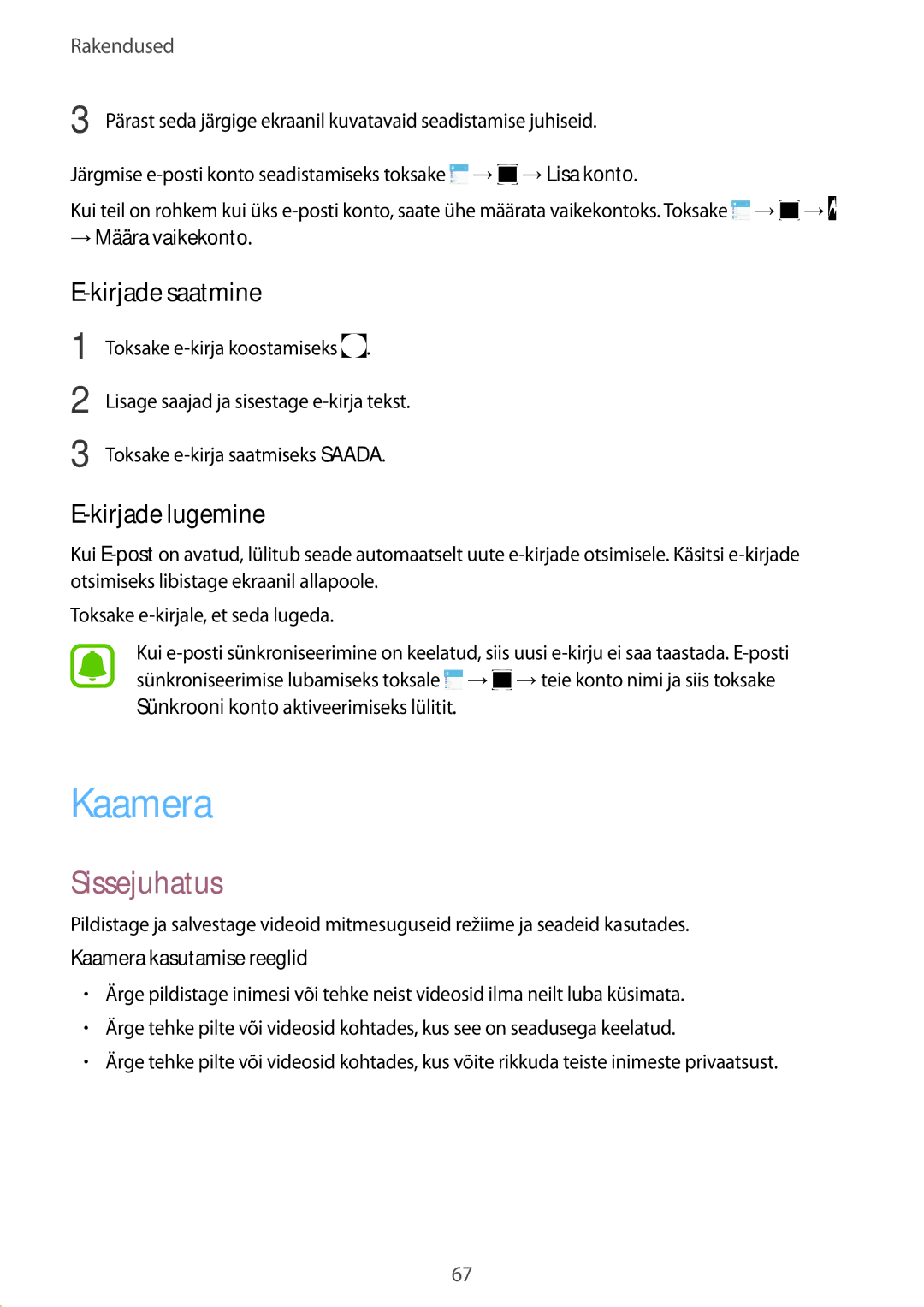 Samsung SM-J730FZKDSEB manual Kirjade saatmine, Kirjade lugemine, → Määra vaikekonto, Kaamera kasutamise reeglid 