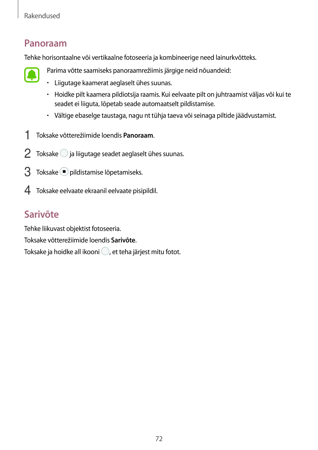 Samsung SM-J730FZSDSEB, SM-J730FZKDSEB manual Panoraam, Sarivõte, Toksake ja hoidke all ikooni , et teha järjest mitu fotot 