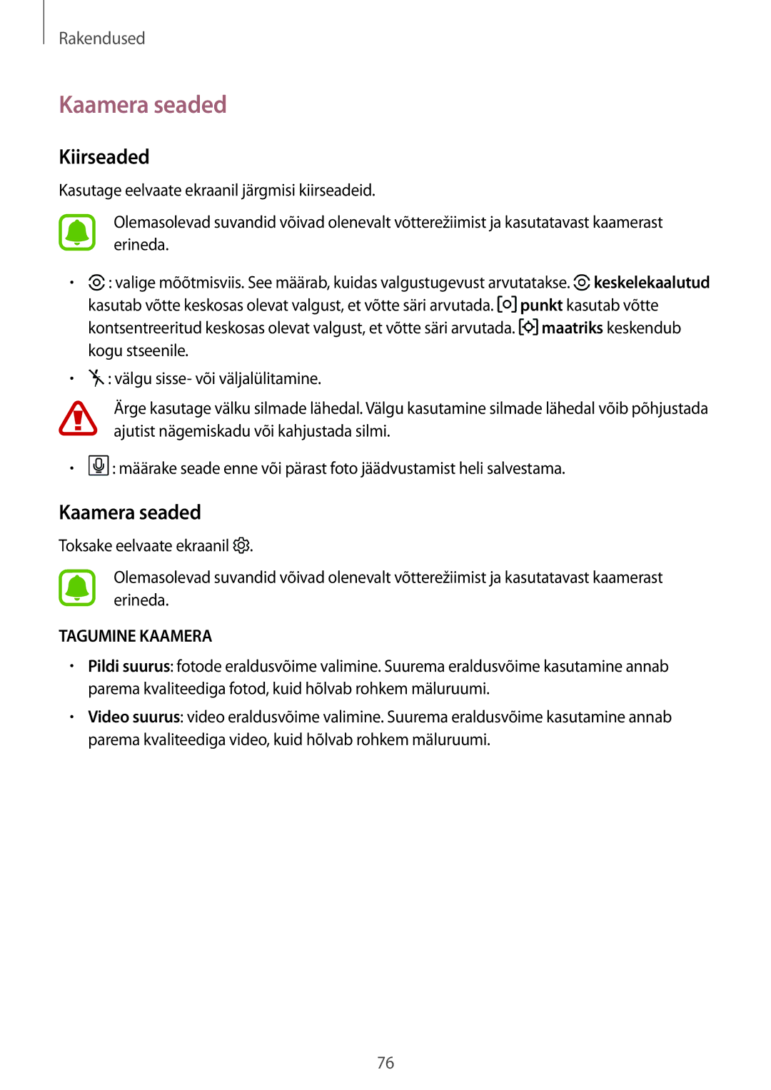 Samsung SM-J530FZDDSEB, SM-J730FZSDSEB, SM-J730FZKDSEB, SM-J530FZSDSEB, SM-J530FZKDSEB manual Kaamera seaded, Kiirseaded 