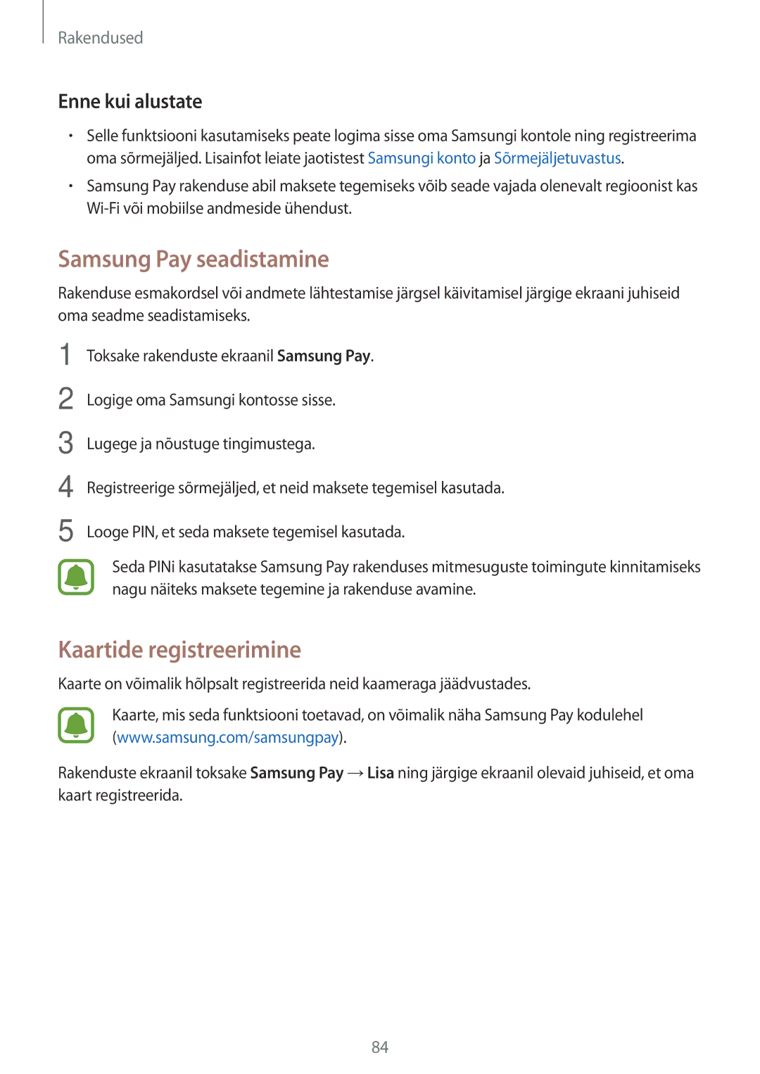 Samsung SM-J730FZSDSEB, SM-J730FZKDSEB manual Samsung Pay seadistamine, Kaartide registreerimine, Enne kui alustate 