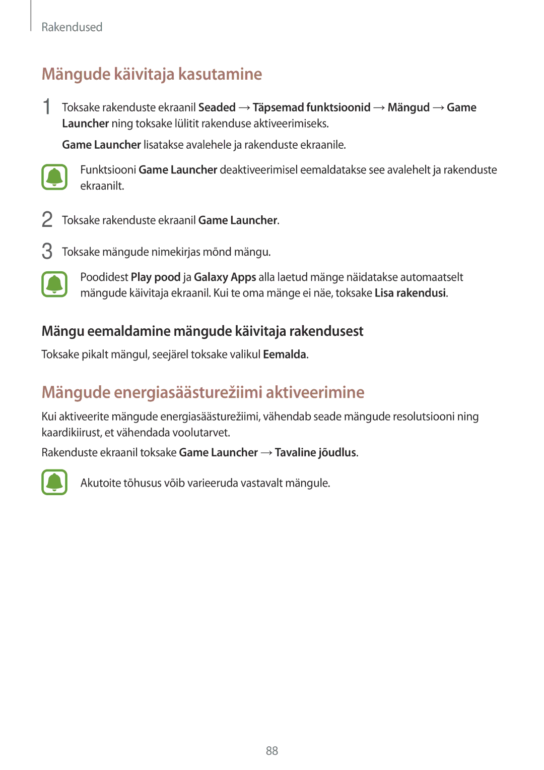 Samsung SM-J530FZDDSEB, SM-J730FZSDSEB manual Mängude käivitaja kasutamine, Mängude energiasäästurežiimi aktiveerimine 