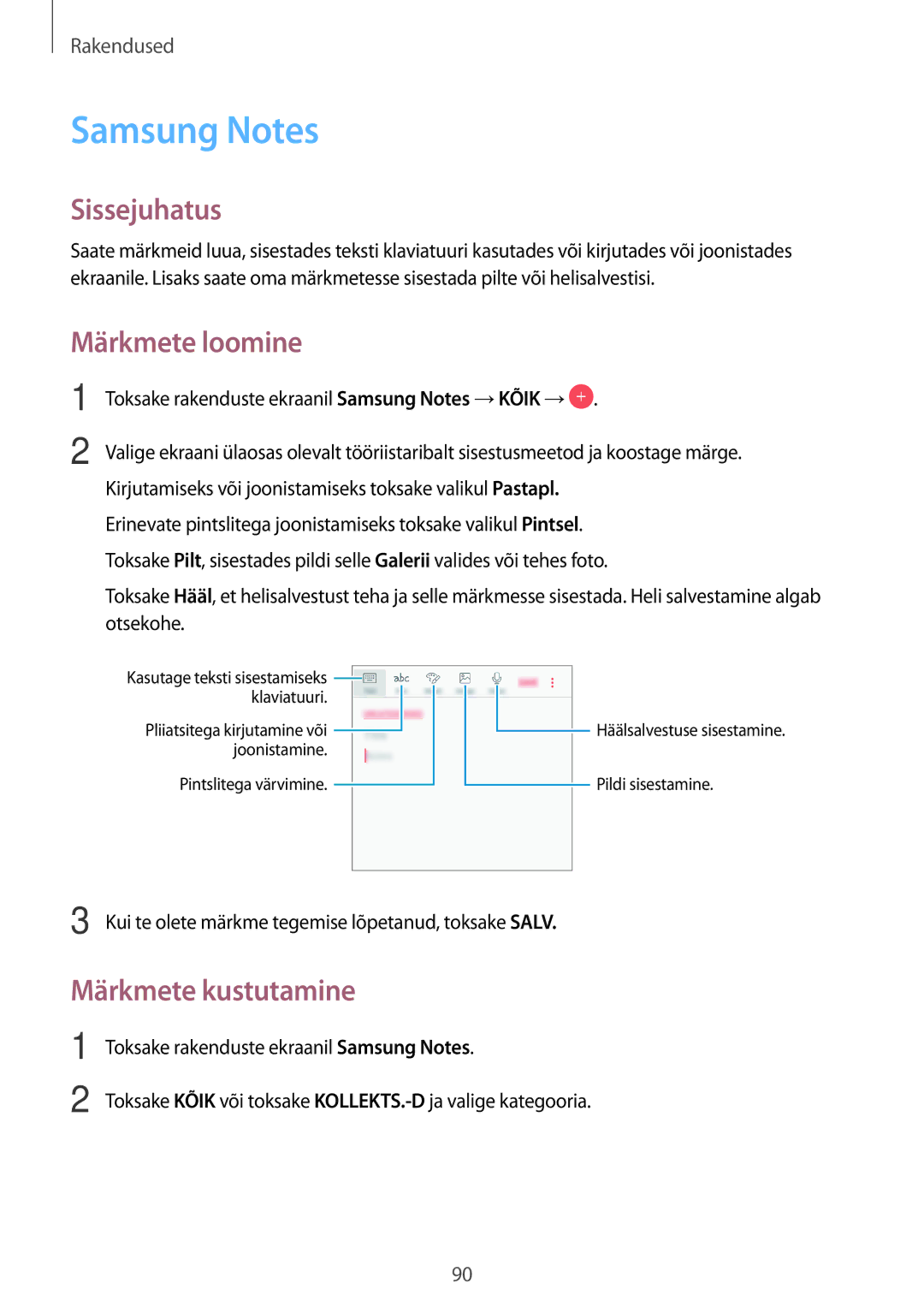 Samsung SM-J730FZSDSEB, SM-J730FZKDSEB, SM-J530FZSDSEB, SM-J530FZKDSEB Samsung Notes, Märkmete loomine, Märkmete kustutamine 