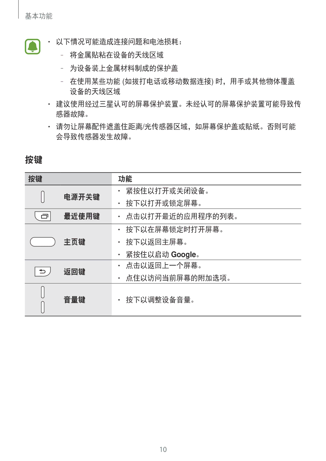 Samsung SM-J730GZSGXXV, SM-J730GZIGXXV, SM-J730GZDGXXV, SM-J730GZKGXXV manual 返回键 点击以返回上一个屏幕。 点住以访问当前屏幕的附加选项。 音量键 按下以调整设备音量。 