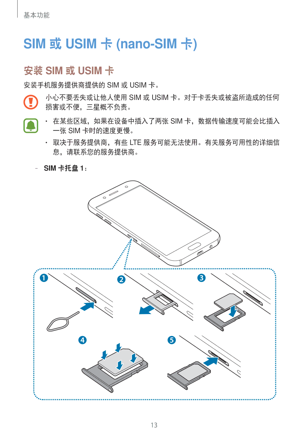 Samsung SM-J730GZDGXXV, SM-J730GZIGXXV, SM-J730GZSGXXV, SM-J730GZKGXXV manual SIM 或 Usim 卡 nano-SIM 卡, 安装 SIM 或 Usim 卡 