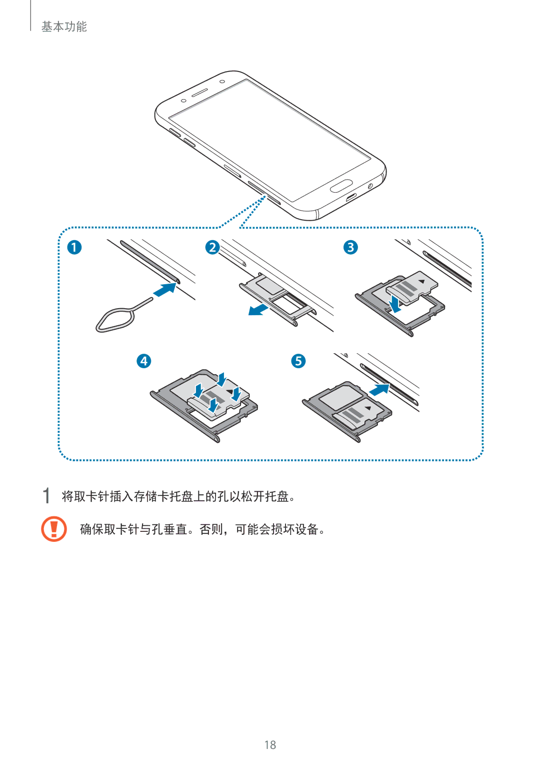 Samsung SM-J730GZSGXXV, SM-J730GZIGXXV, SM-J730GZDGXXV, SM-J730GZKGXXV manual 将取卡针插入存储卡托盘上的孔以松开托盘。 确保取卡针与孔垂直。否则，可能会损坏设备。 