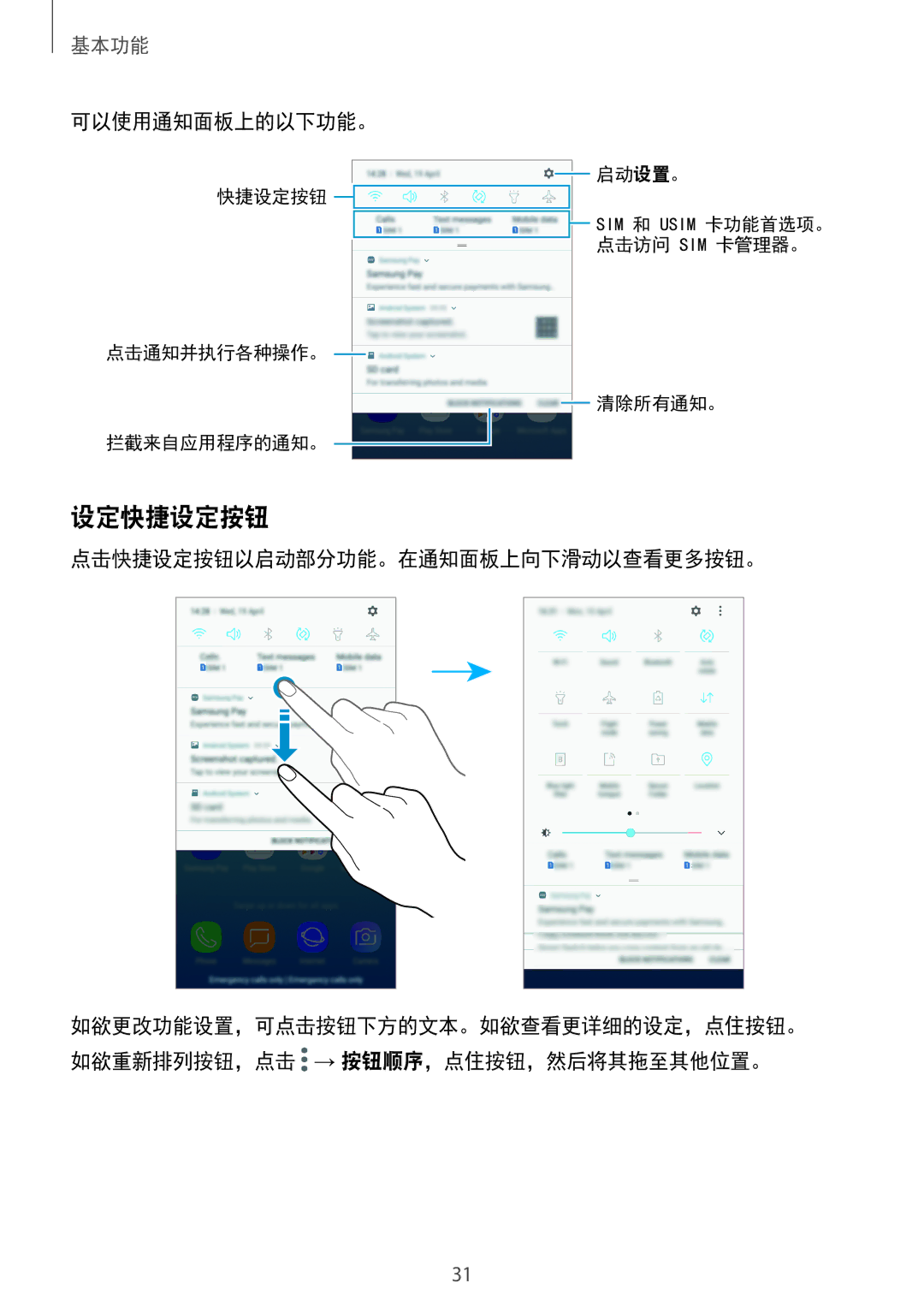 Samsung SM-J730GZKGXXV, SM-J730GZIGXXV, SM-J730GZDGXXV manual 设定快捷设定按钮, 可以使用通知面板上的以下功能。, 点击快捷设定按钮以启动部分功能。在通知面板上向下滑动以查看更多按钮。 