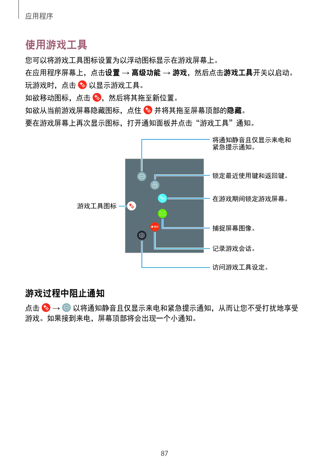 Samsung SM-J730GZKGXXV, SM-J730GZIGXXV, SM-J730GZDGXXV, SM-J730GZSGXXV manual 使用游戏工具, 游戏过程中阻止通知 