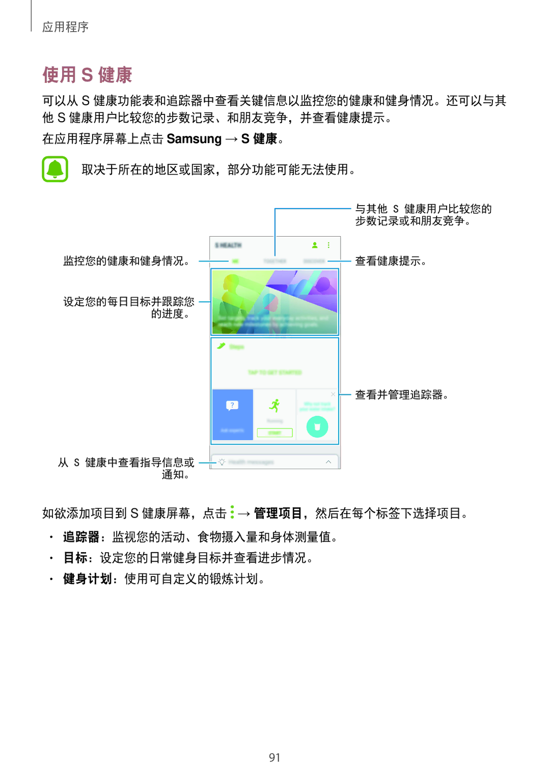 Samsung SM-J730GZKGXXV, SM-J730GZIGXXV manual 使用 S 健康, 可以从 S 健康功能表和追踪器中查看关键信息以监控您的健康和健身情况。还可以与其, 取决于所在的地区或国家，部分功能可能无法使用。 