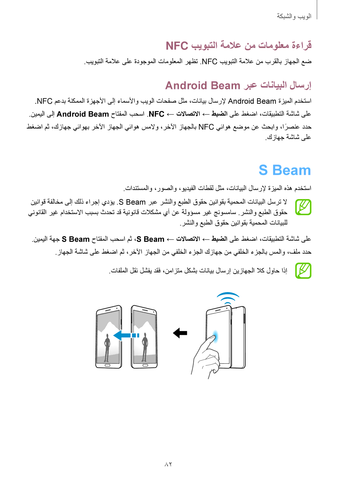 Samsung SM-N7500ZGATHR, SM-N7500ZKACAC manual Nfc بيوبتلا ةملاع نم تامولعم ةءارق, Android Beam ربع تانايبلا لاسرإ 