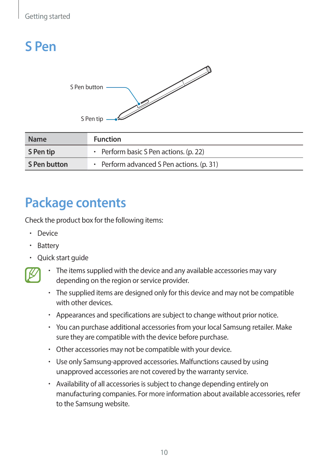 Samsung SM-N7500ZWAPAK, SM-N7500ZKACAC, SM-N7500ZKAKSA, SM-N7500ZWAAFR, SM-N7500ZGAPAK, SM-N7500ZKATHR Pen, Package contents 