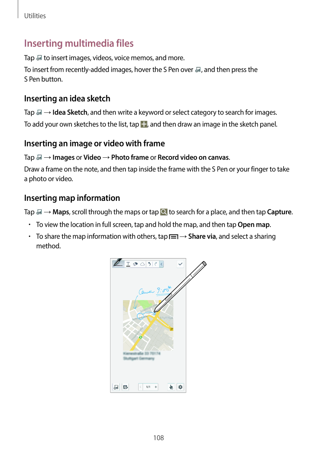 Samsung SM-N7500ZWACAC manual Inserting multimedia files, Inserting an idea sketch, Inserting an image or video with frame 