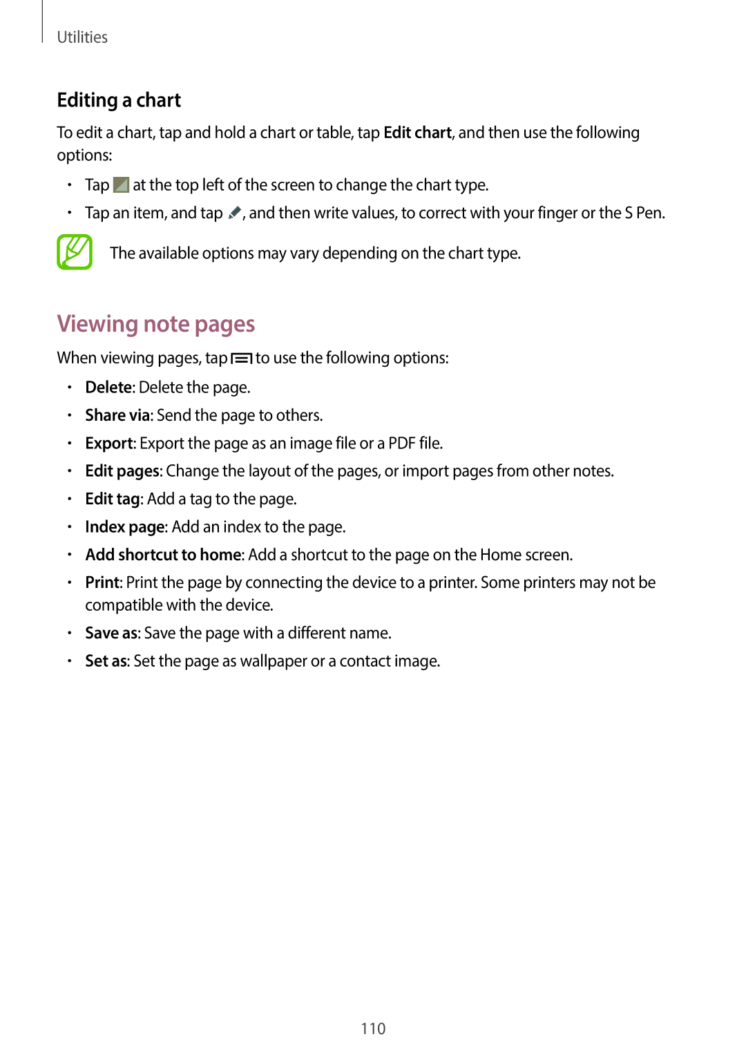 Samsung SM-N7500ZWAXXV manual Viewing note pages, Editing a chart, Available options may vary depending on the chart type 