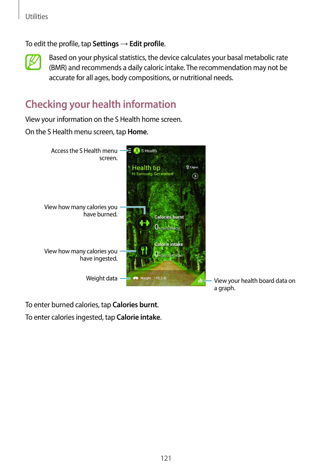 Samsung SM-N7500ZGATHR, SM-N7500ZKACAC Checking your health information, To edit the profile, tap Settings →Edit profile 