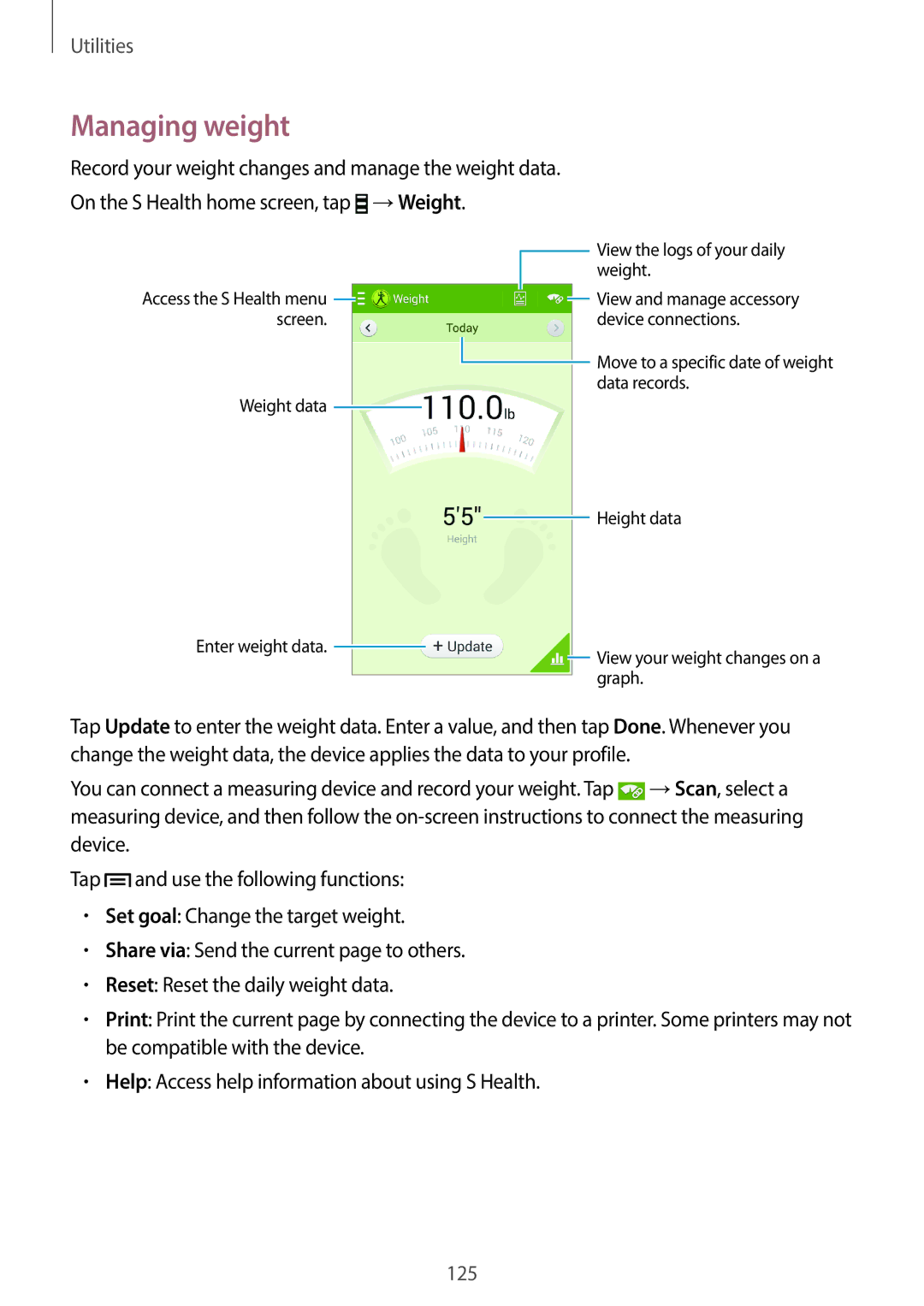 Samsung SM-N7500ZKAAFR, SM-N7500ZKACAC, SM-N7500ZKAKSA, SM-N7500ZWAAFR, SM-N7500ZGAPAK, SM-N7500ZKATHR manual Managing weight 