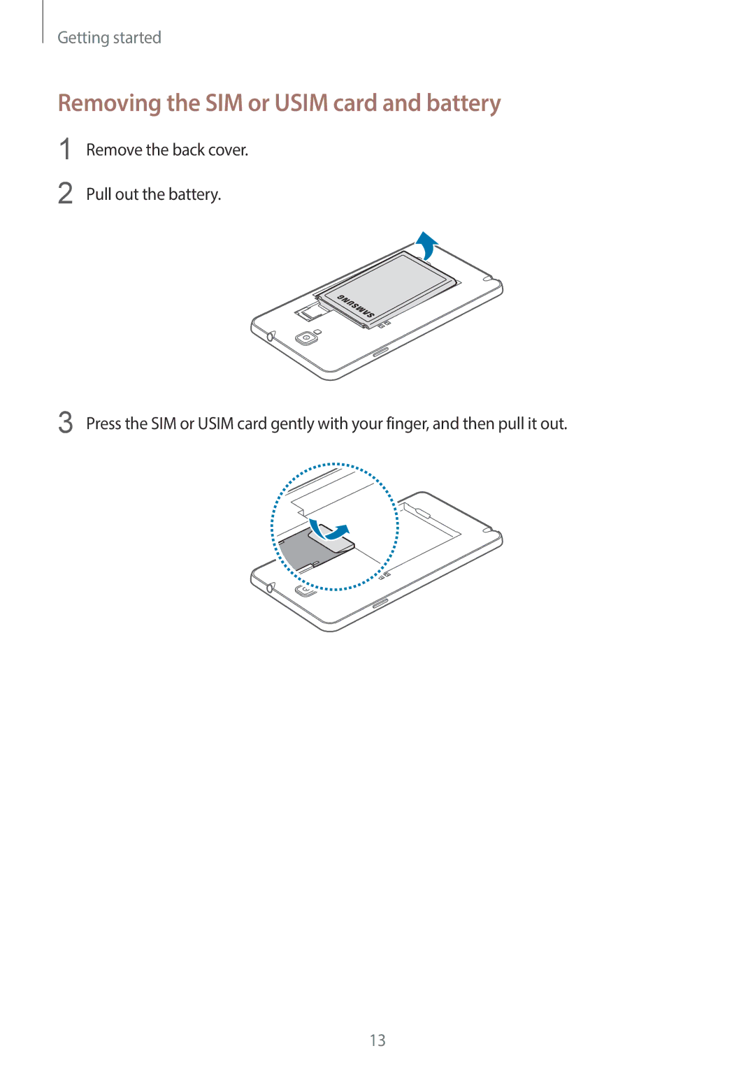 Samsung SM-N7500ZWACAC, SM-N7500ZKACAC, SM-N7500ZKAKSA, SM-N7500ZWAAFR manual Removing the SIM or Usim card and battery 