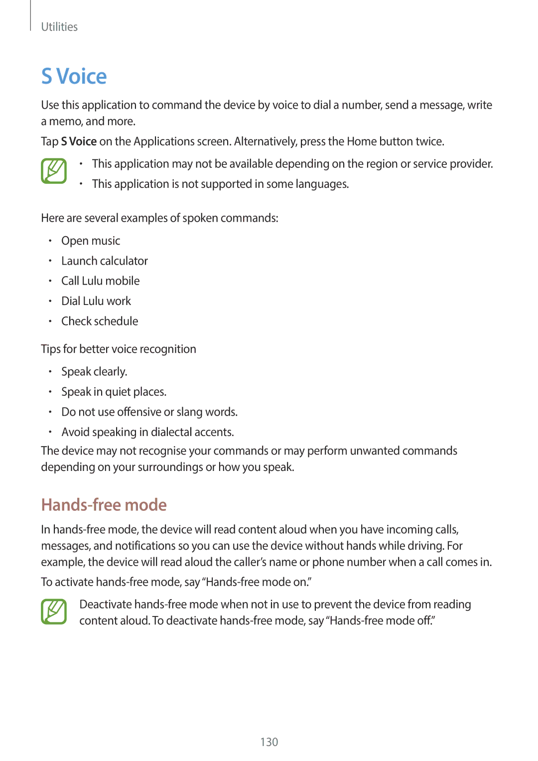 Samsung SM-N7500ZKAXXV, SM-N7500ZKACAC, SM-N7500ZKAKSA manual Voice, To activate hands-free mode, say Hands-free mode on 