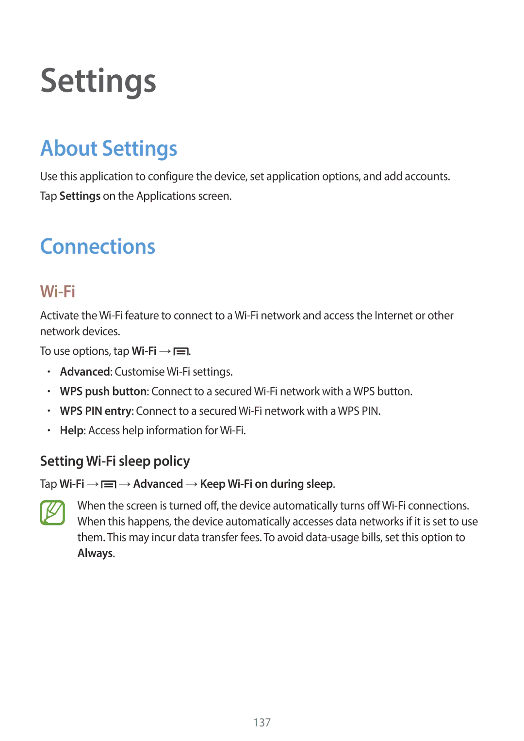 Samsung SM-N7500ZKATHR, SM-N7500ZKACAC, SM-N7500ZKAKSA manual About Settings, Connections, Setting Wi-Fi sleep policy 