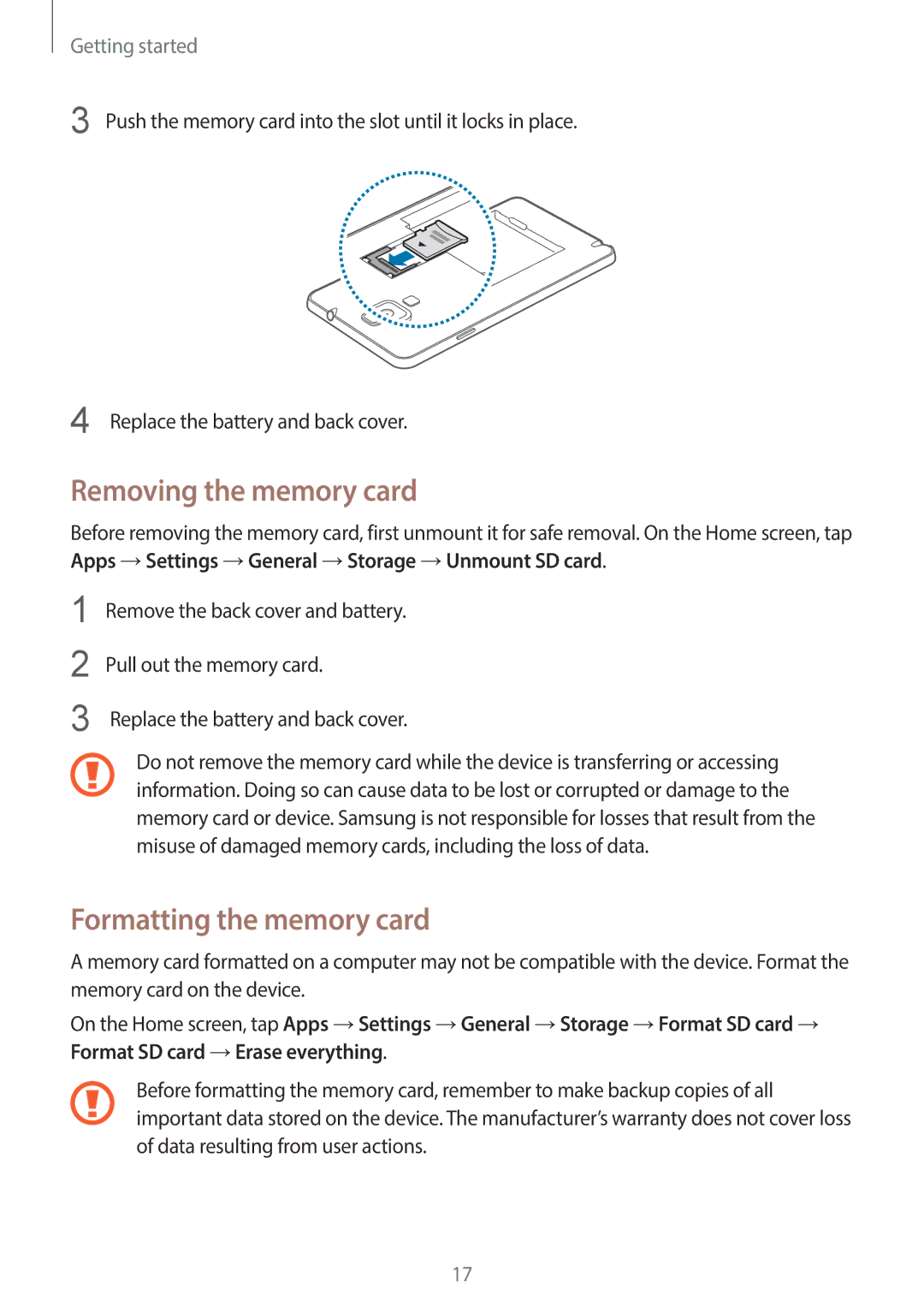 Samsung SM-N7500ZWASER, SM-N7500ZKACAC, SM-N7500ZKAKSA, SM-N7500ZWAAFR Removing the memory card, Formatting the memory card 