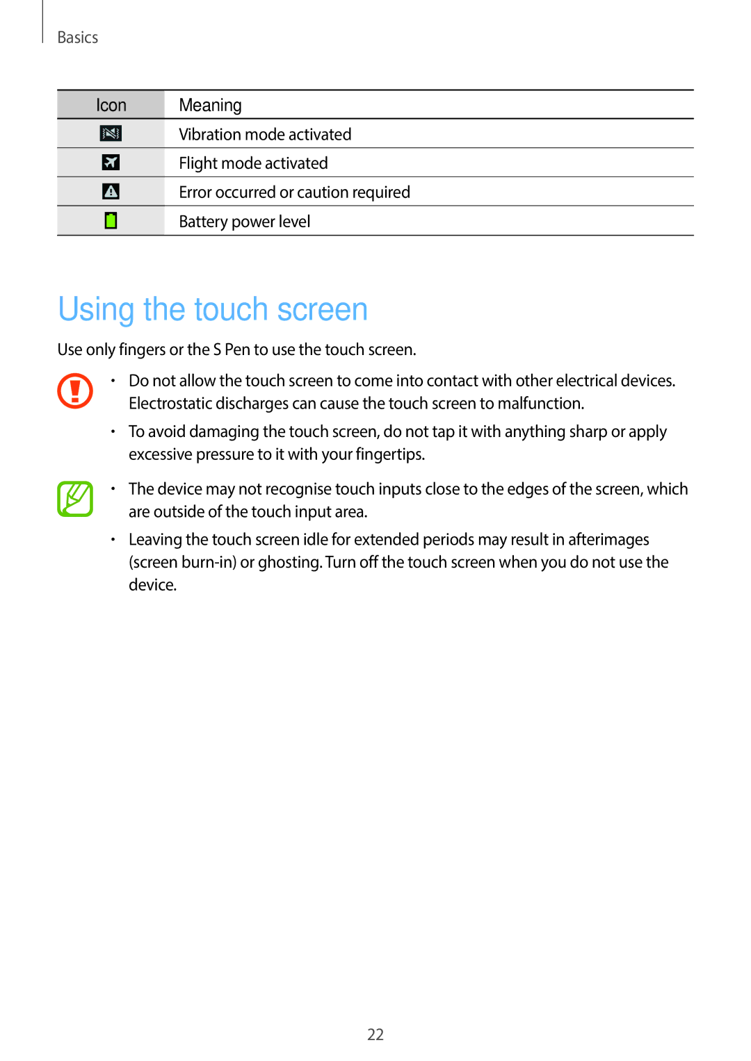 Samsung SM-N7500ZGAPAK, SM-N7500ZKACAC manual Using the touch screen, Use only fingers or the S Pen to use the touch screen 