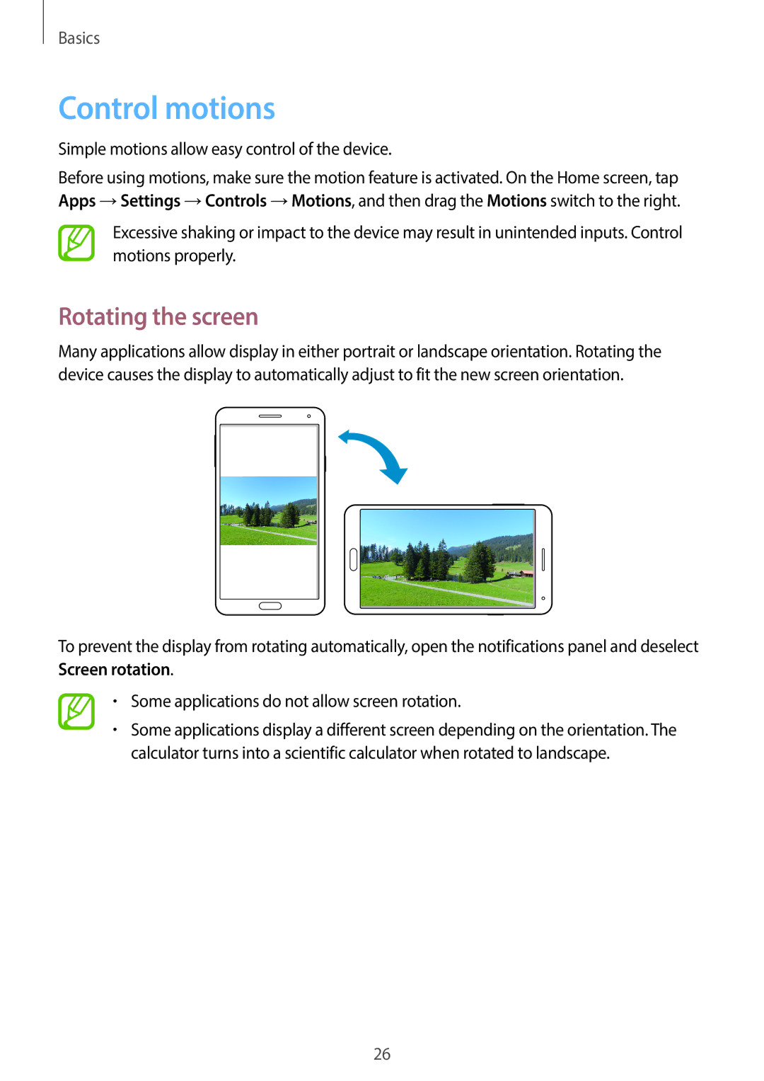 Samsung SM-N7500ZGATHR manual Control motions, Rotating the screen, Simple motions allow easy control of the device 