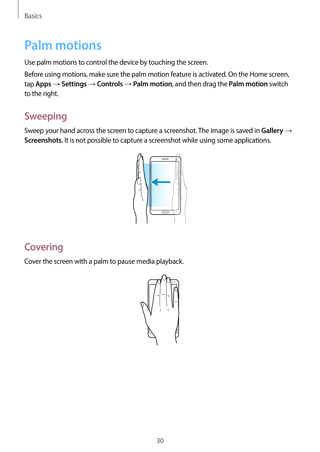 Samsung SM-N7500ZKAAFR manual Palm motions, Sweeping, Covering, Cover the screen with a palm to pause media playback 