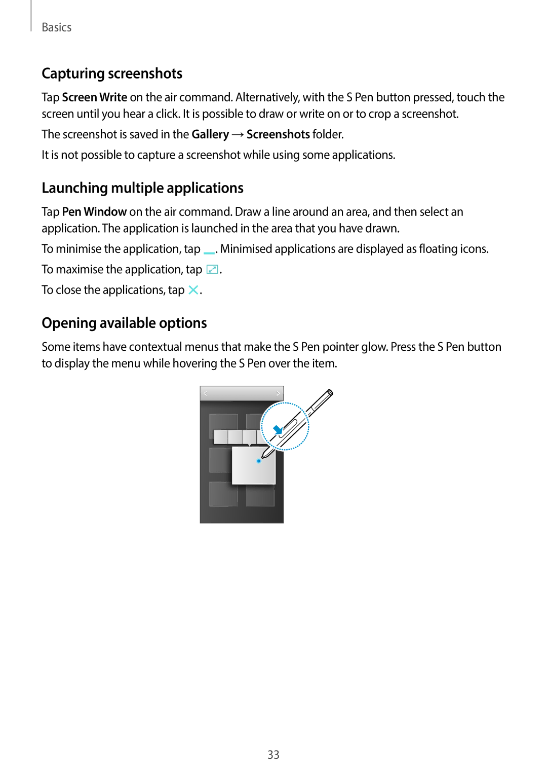 Samsung SM-N7500ZWAKSA, SM-N7500ZKACAC Capturing screenshots, Launching multiple applications, Opening available options 