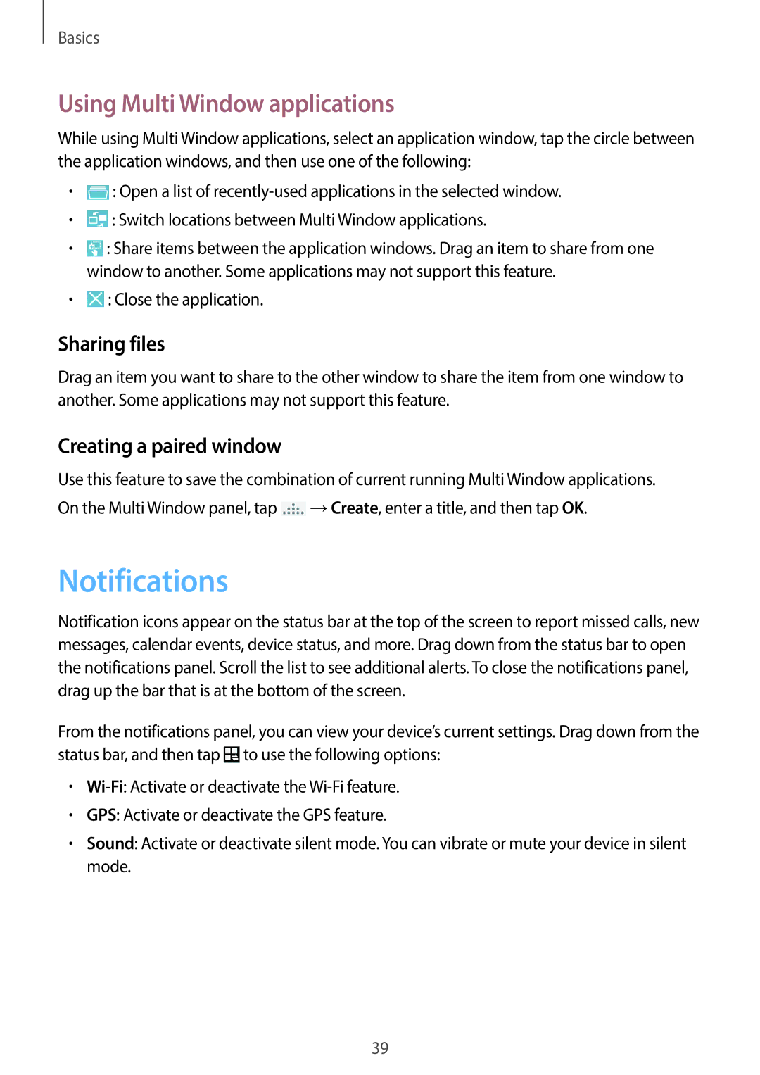 Samsung SM-N7500ZKAKSA manual Notifications, Using Multi Window applications, Sharing files, Creating a paired window 