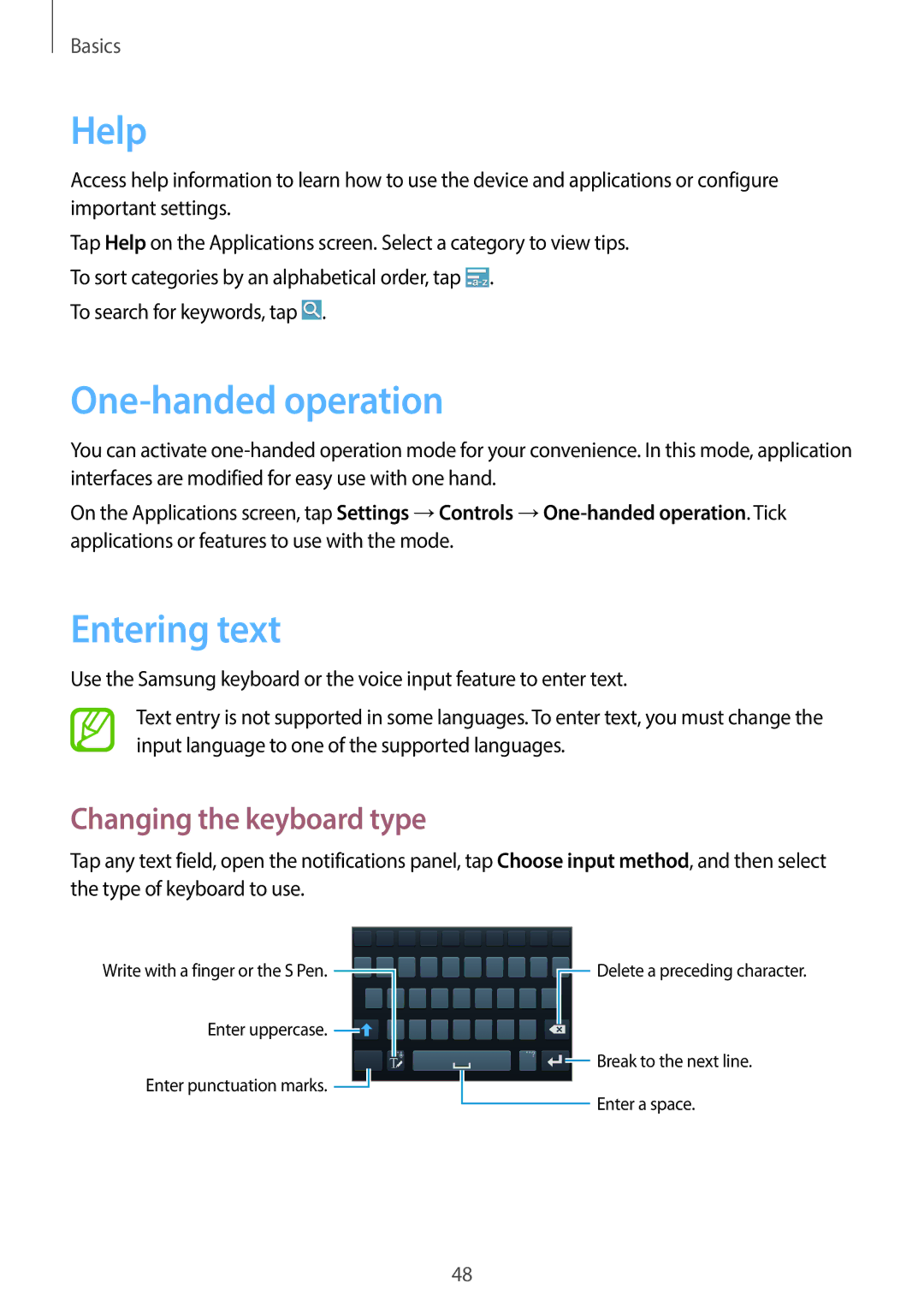 Samsung SM-N7500ZWAPAK Help, One-handed operation, Entering text, Changing the keyboard type, To search for keywords, tap 