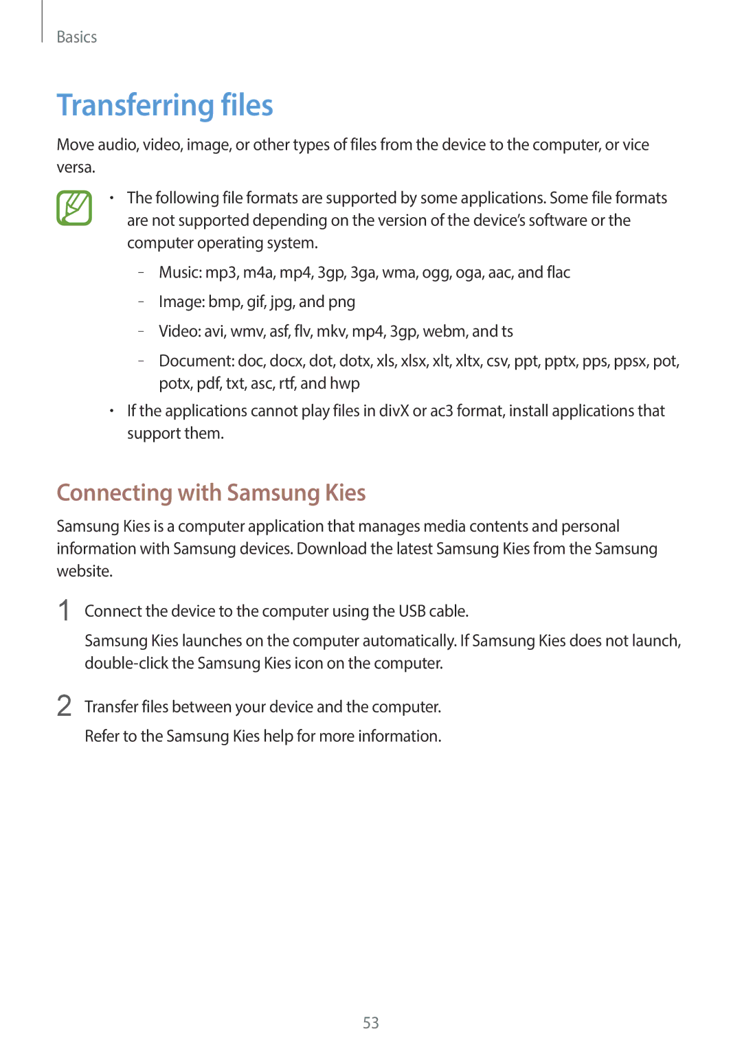 Samsung SM-N7500ZWAXXV, SM-N7500ZKACAC, SM-N7500ZKAKSA, SM-N7500ZWAAFR manual Transferring files, Connecting with Samsung Kies 