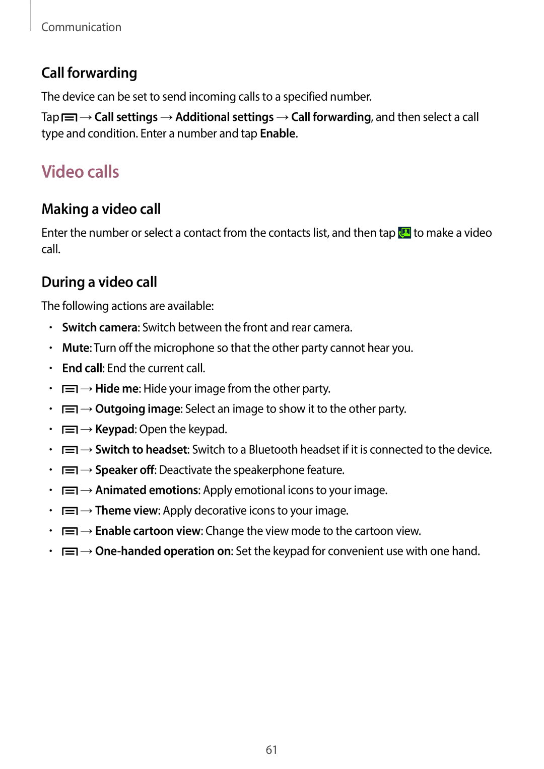 Samsung SM-N7500ZKATHR, SM-N7500ZKACAC manual Video calls, Call forwarding, Making a video call, During a video call 