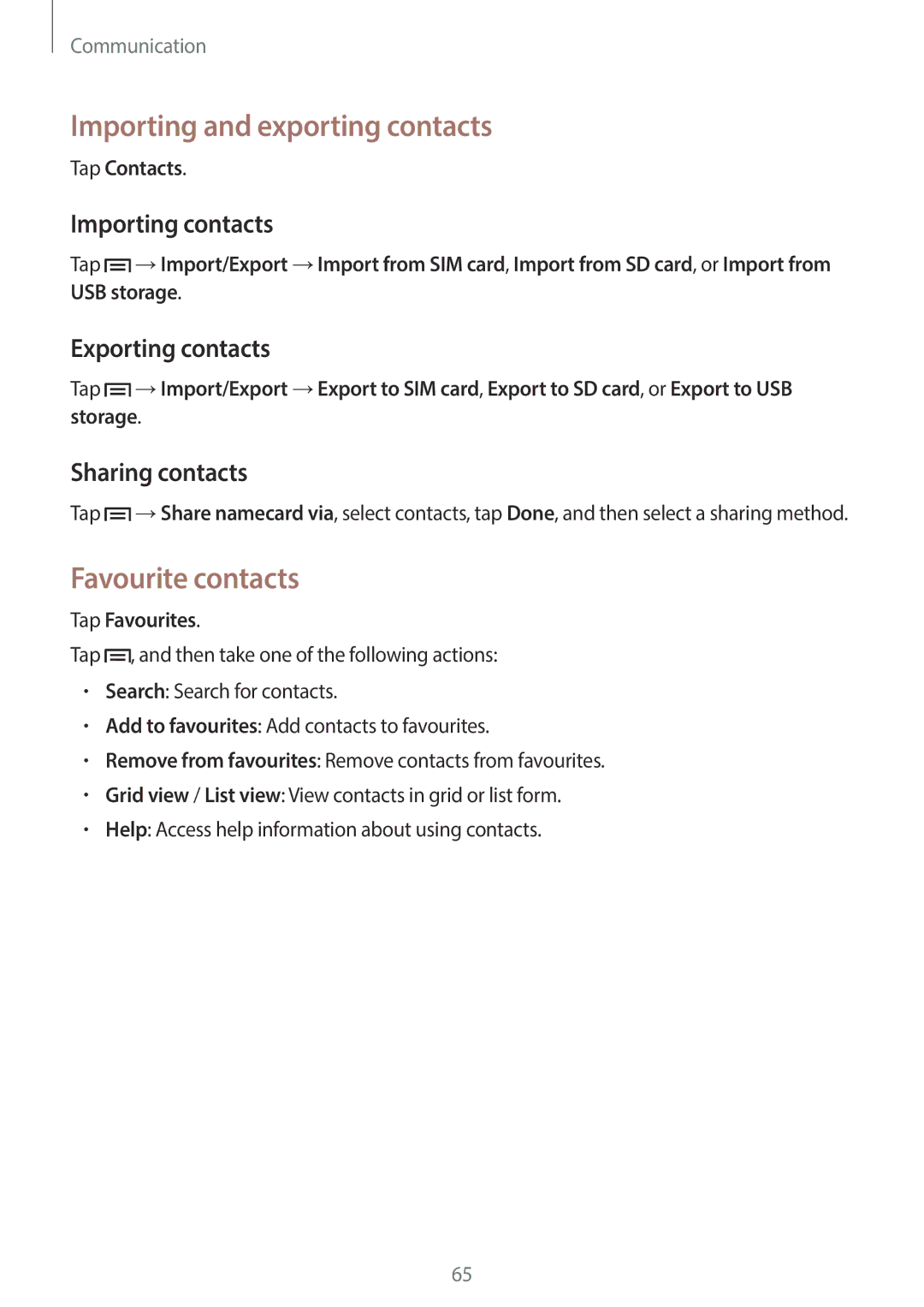 Samsung SM-N7500ZWATHR manual Importing and exporting contacts, Favourite contacts, Importing contacts, Exporting contacts 