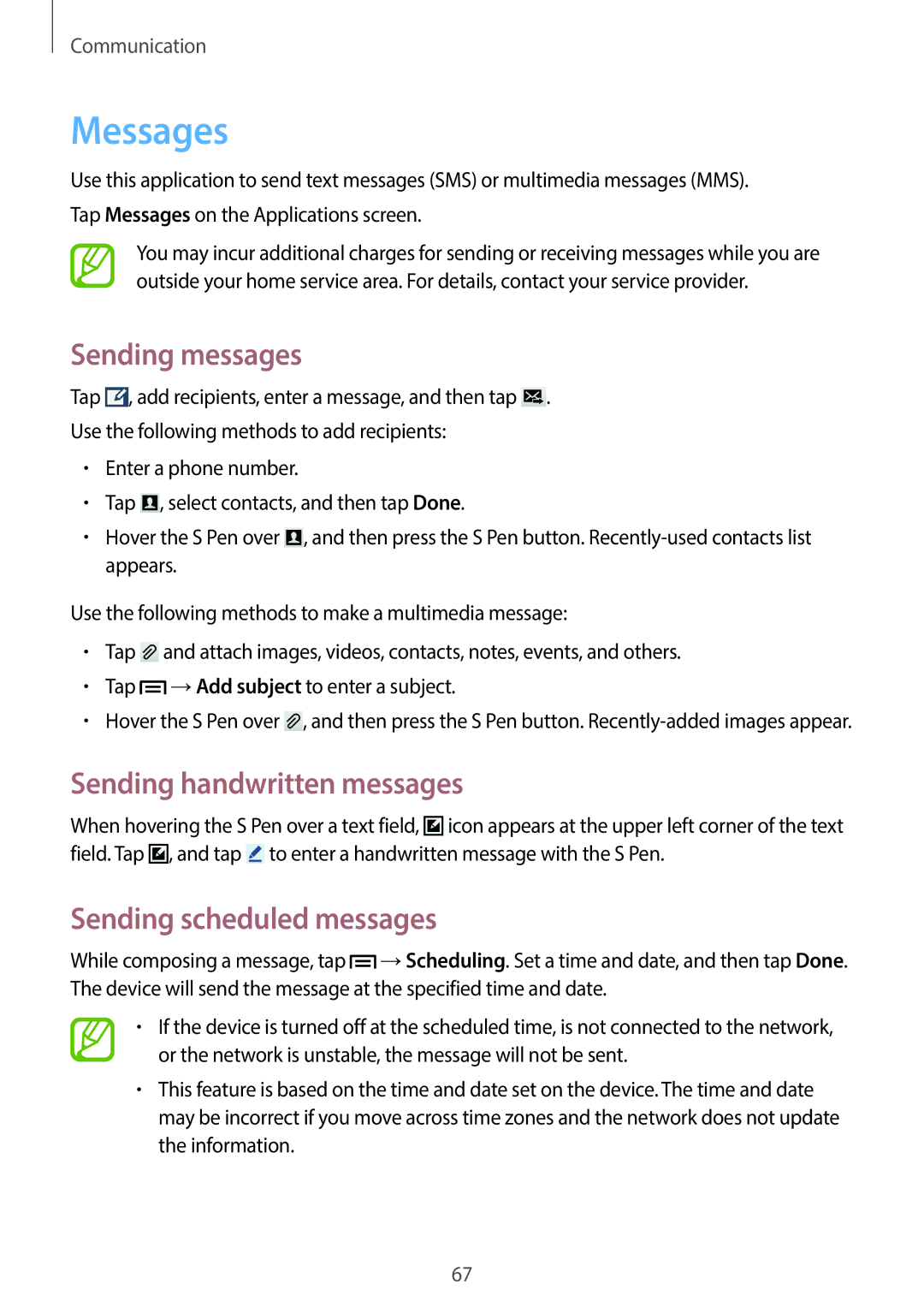 Samsung SM-N7500ZWAPAK manual Messages, Sending messages, Sending handwritten messages, Sending scheduled messages 