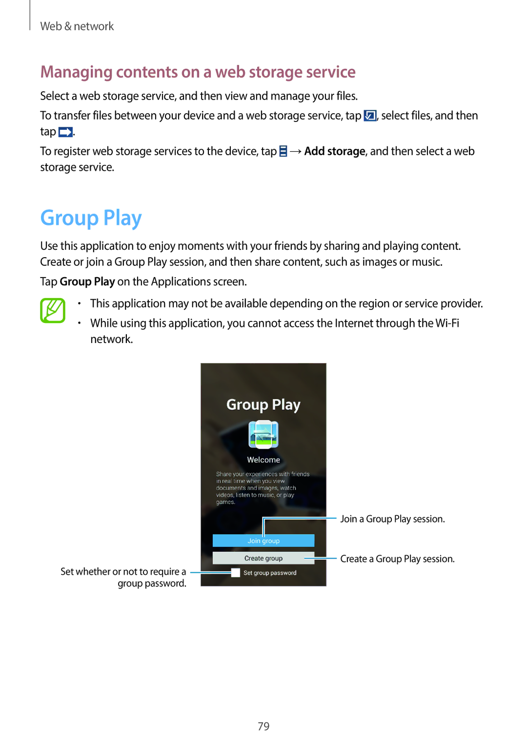 Samsung SM-N7500ZGAPAK, SM-N7500ZKACAC, SM-N7500ZKAKSA manual Group Play, Managing contents on a web storage service 