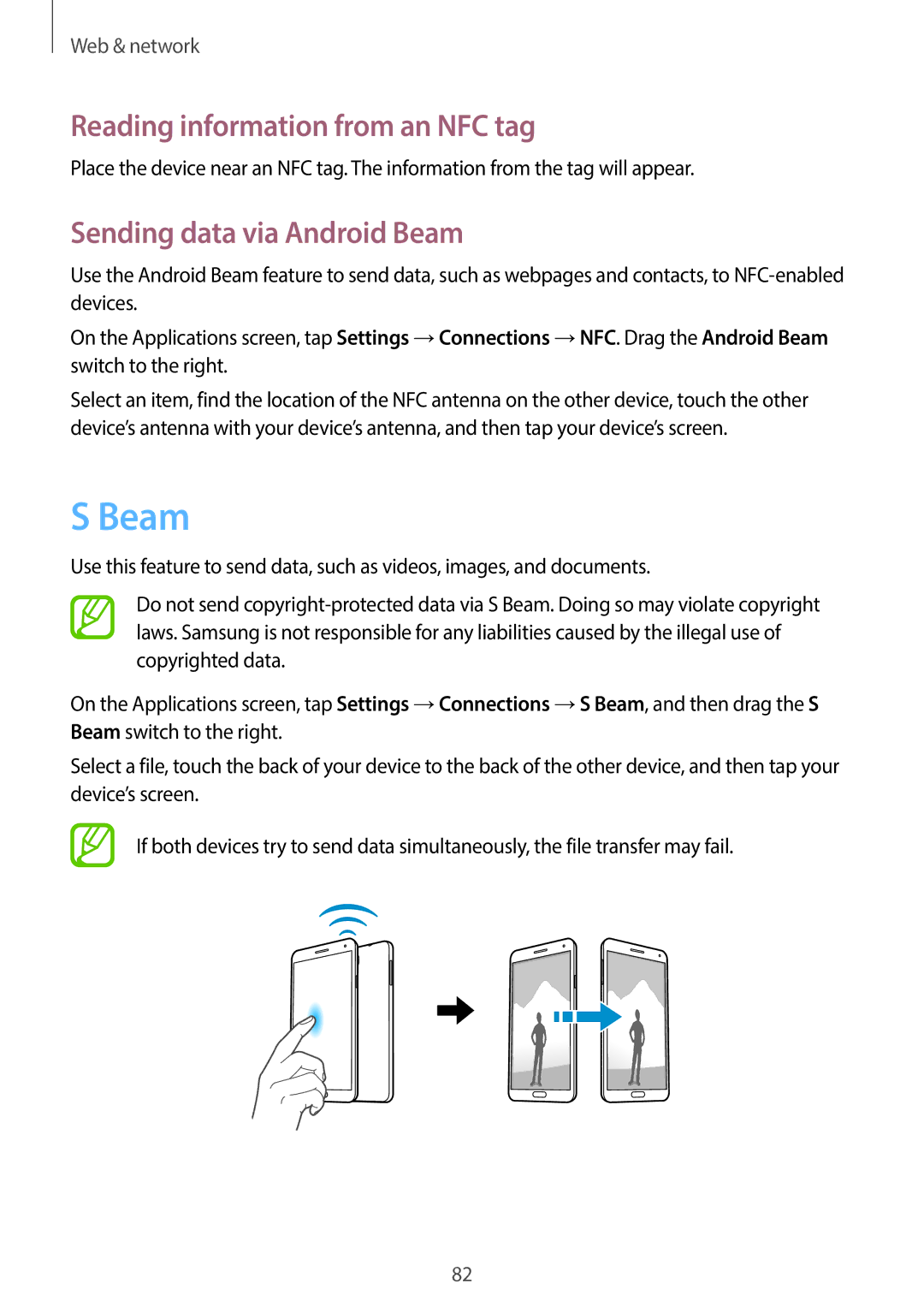 Samsung SM-N7500ZKAPAK, SM-N7500ZKACAC manual Reading information from an NFC tag, Sending data via Android Beam 