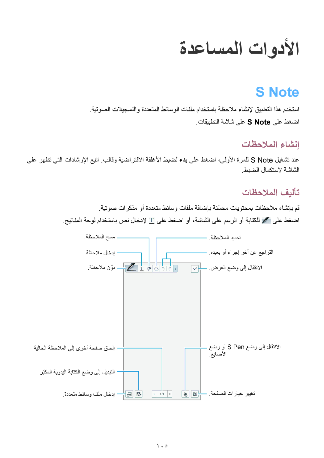 Samsung SM-N7500ZKACAC, SM-N7500ZKAKSA, SM-N7500ZWAAFR manual ةدعاسملا تاودلأا, تاظحلاملا ءاشنإ, تاظحلاملا فيلأت, 105 