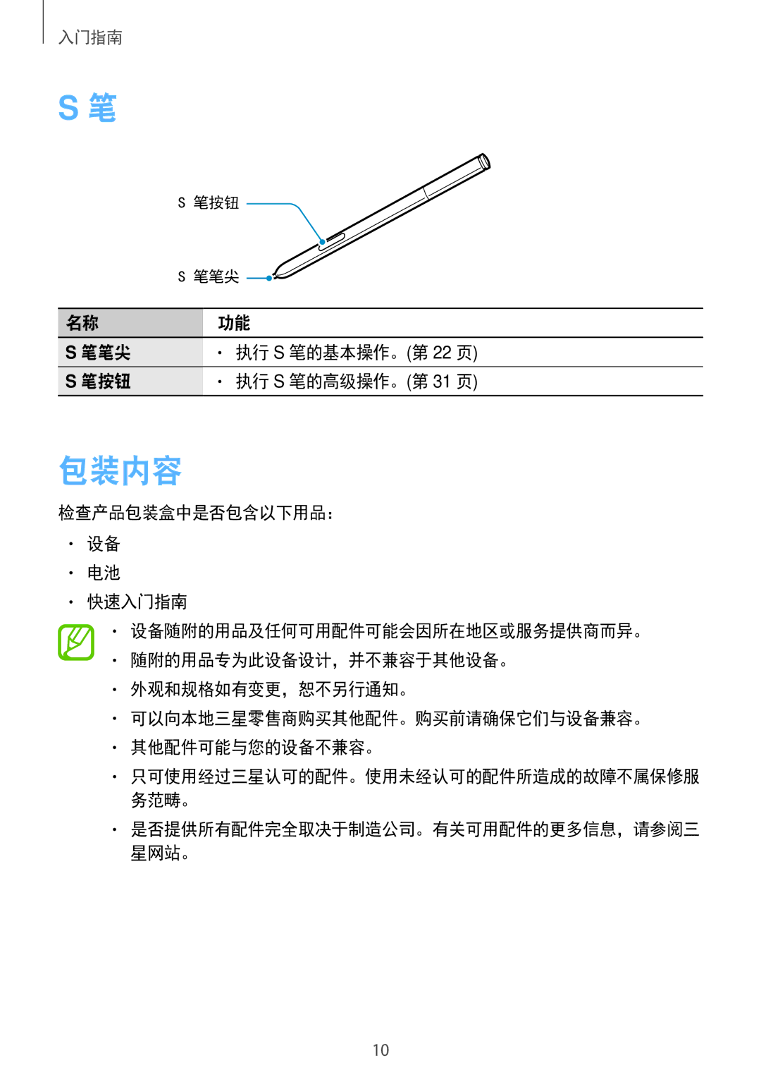 Samsung SM-N7500ZWAXXV, SM-N7500ZKAXXV manual 包装内容, 笔笔尖, 笔按钮 