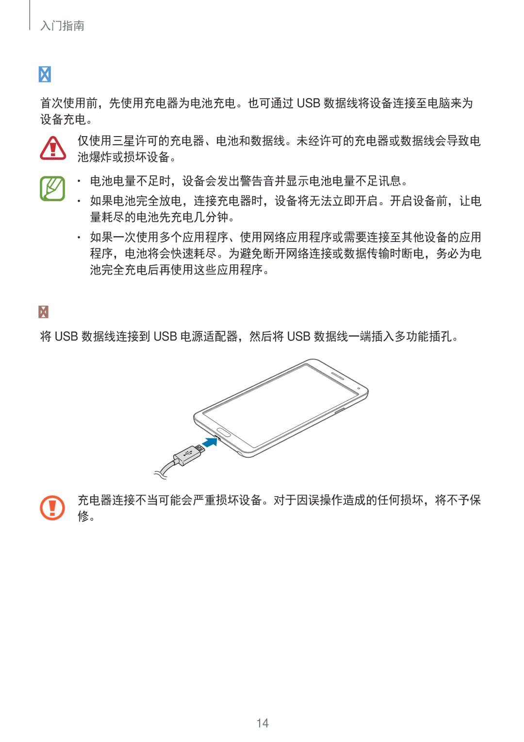 Samsung SM-N7500ZWAXXV manual 使用充电器充电, 首次使用前，先使用充电器为电池充电。也可通过 Usb 数据线将设备连接至电脑来为 设备充电。, 电池电量不足时，设备会发出警告音并显示电池电量不足讯息。 