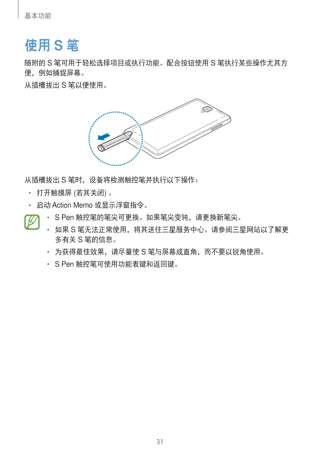 Samsung SM-N7500ZKAXXV manual 使用 S 笔, Pen 触控笔的笔尖可更换。如果笔尖变钝，请更换新笔尖。, 为获得最佳效果，请尽量使 S 笔与屏幕成直角，而不要以锐角使用。 Pen 触控笔可使用功能表键和返回键。 