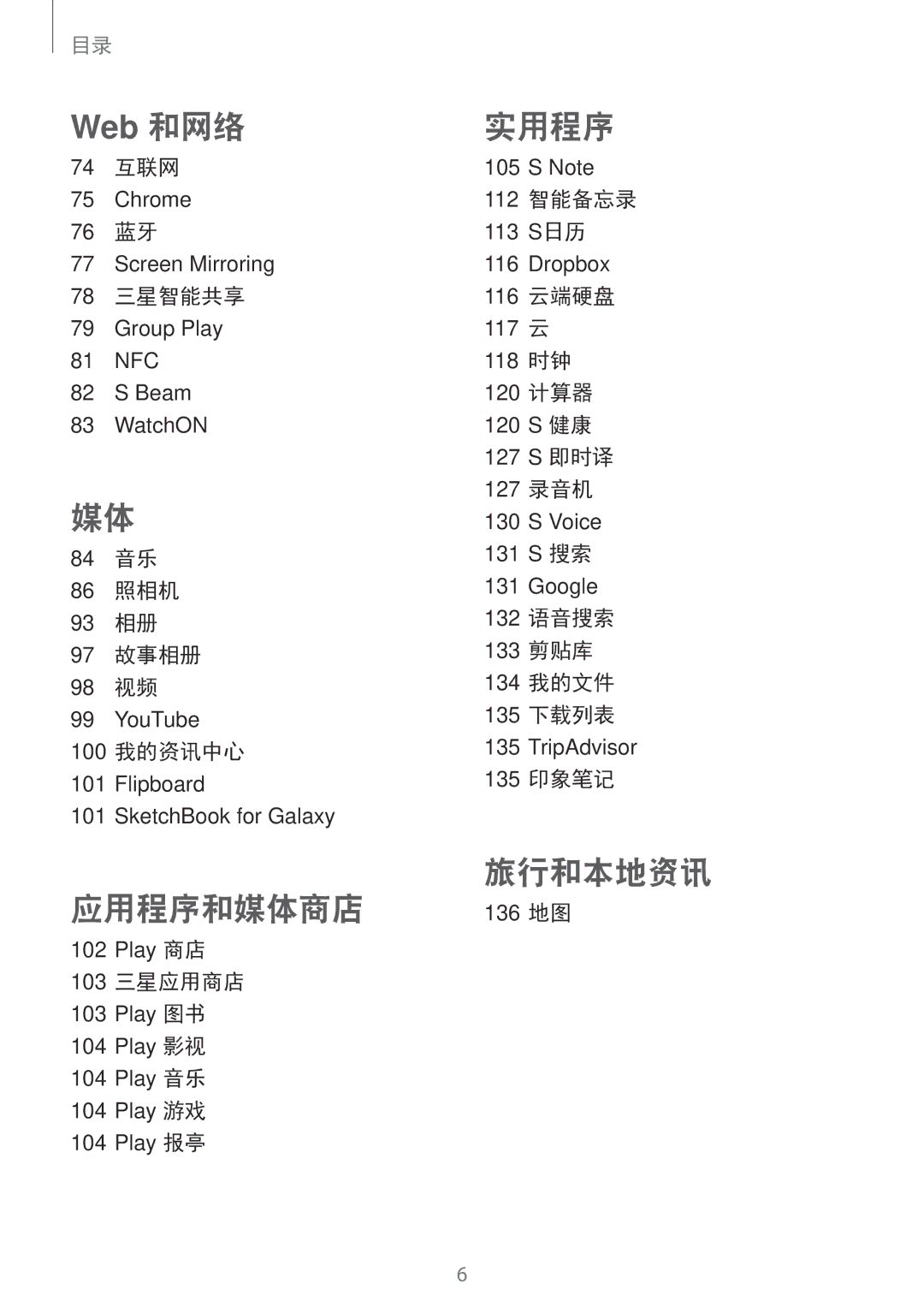 Samsung SM-N7500ZWAXXV manual 74 互联网, 76 蓝牙, 78 三星智能共享, 84 音乐 86 照相机 93 相册 97 故事相册 98 视频, 100 我的资讯中心, 103 三星应用商店, 135 印象笔记 