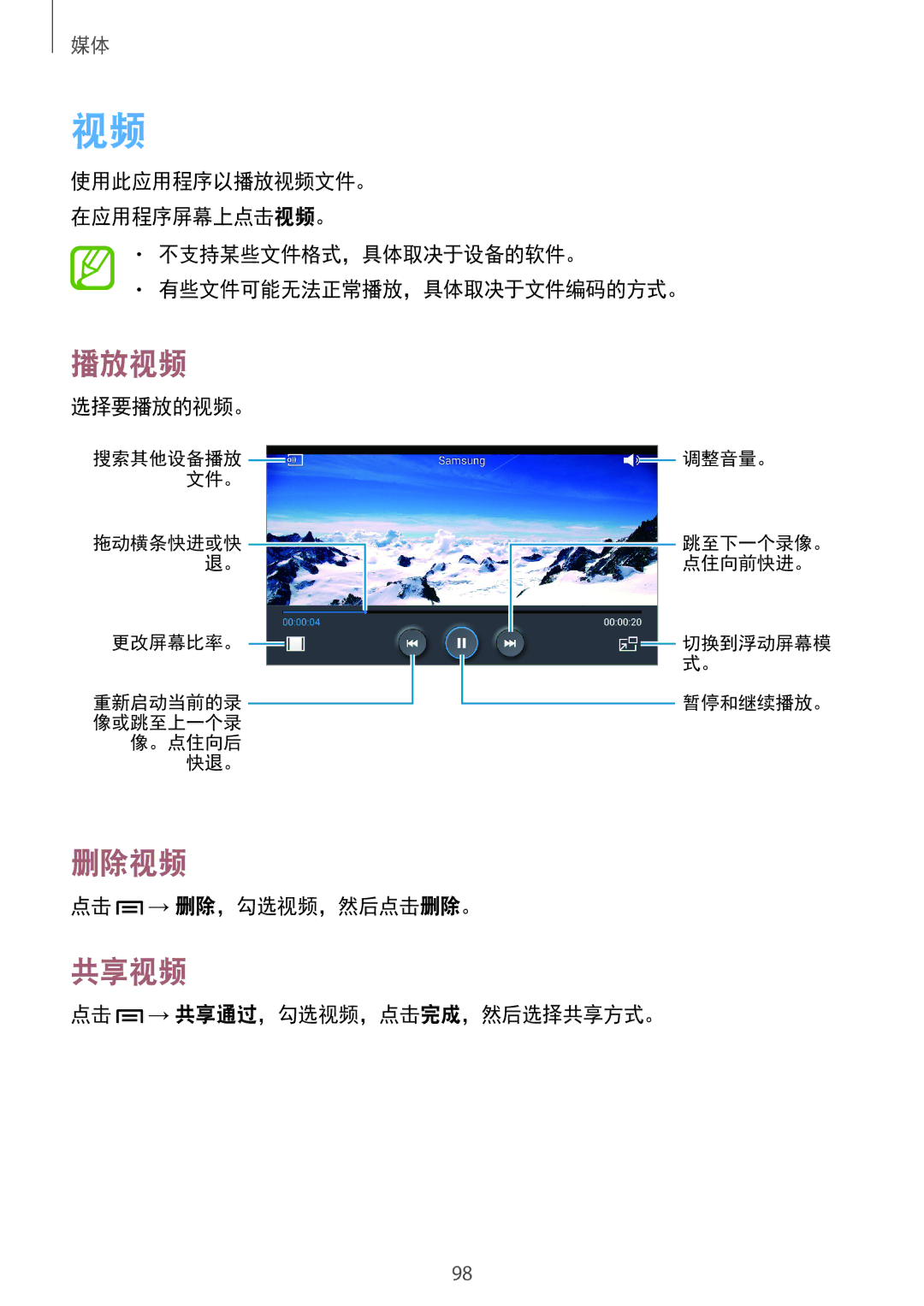 Samsung SM-N7500ZWAXXV, SM-N7500ZKAXXV manual 删除视频, 共享视频 