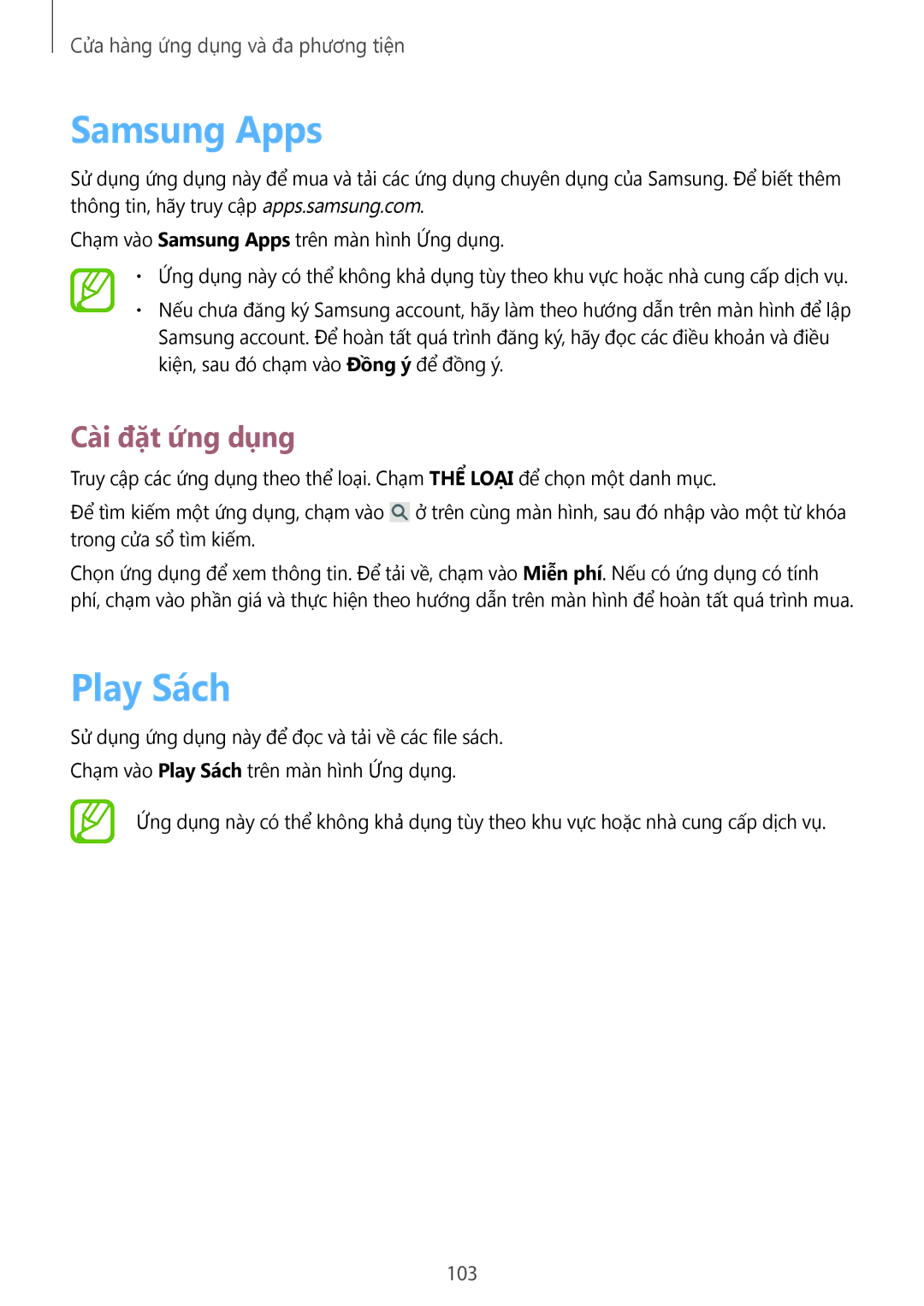 Samsung SM-N7500ZKAXXV, SM-N7500ZWAXXV manual Samsung Apps, Play Sách, 103 