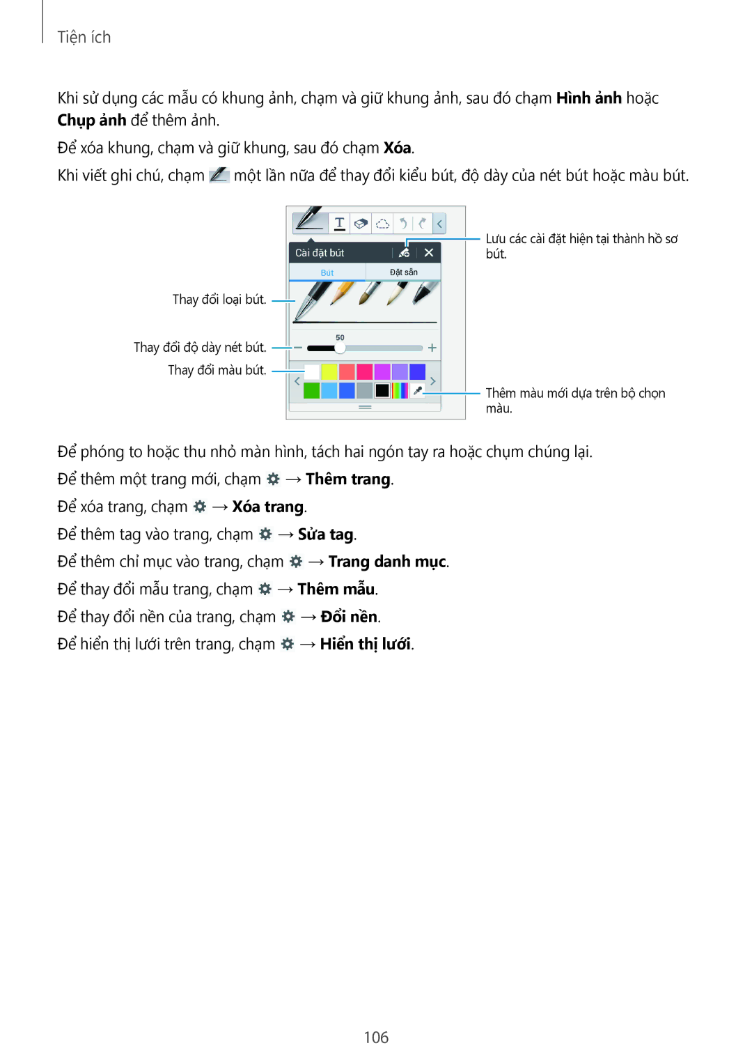 Samsung SM-N7500ZWAXXV, SM-N7500ZKAXXV manual 106, Tiện ích 