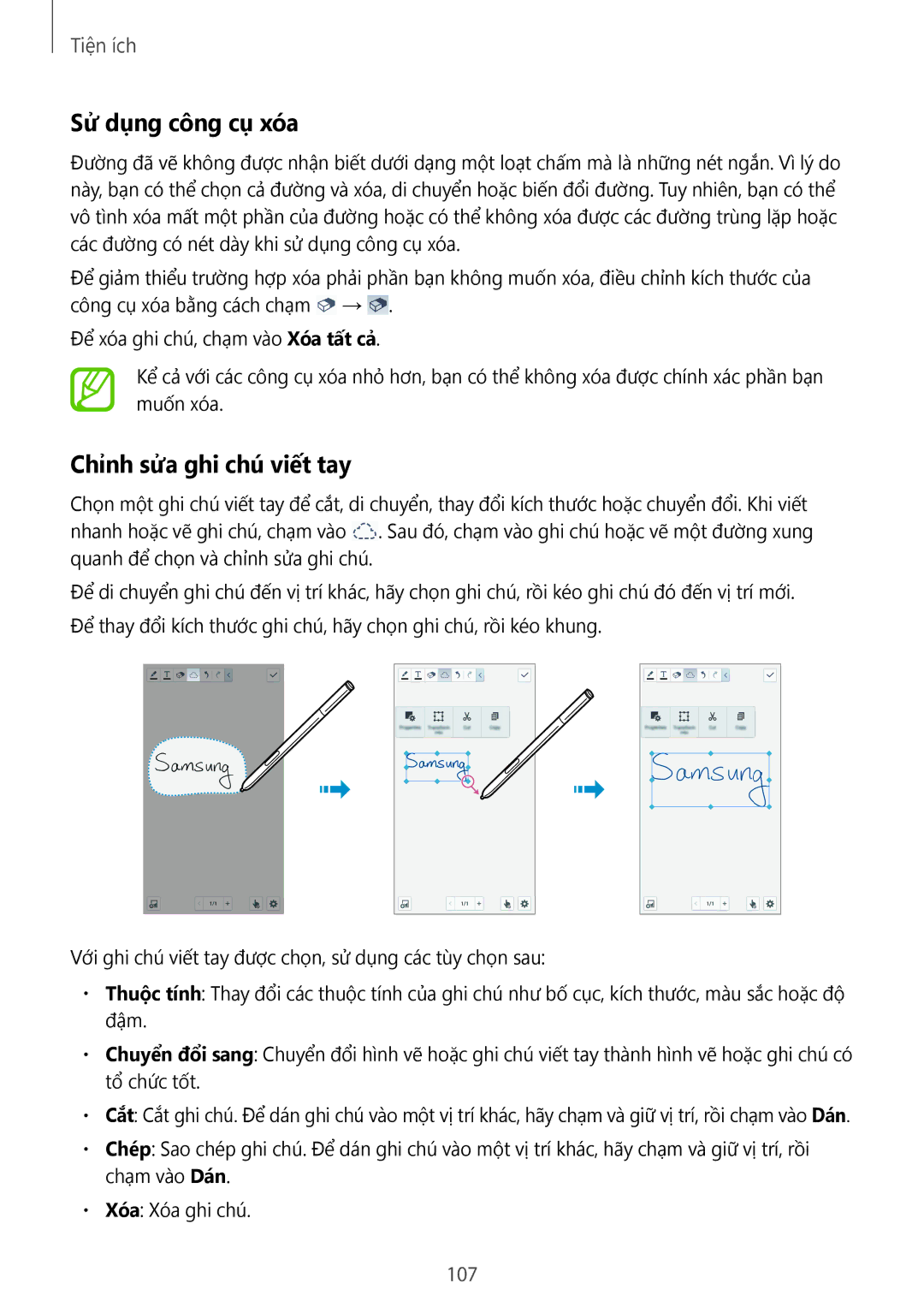 Samsung SM-N7500ZKAXXV, SM-N7500ZWAXXV manual Sử dụng công cụ xóa, Chỉnh sửa ghi chú viết tay, 107 