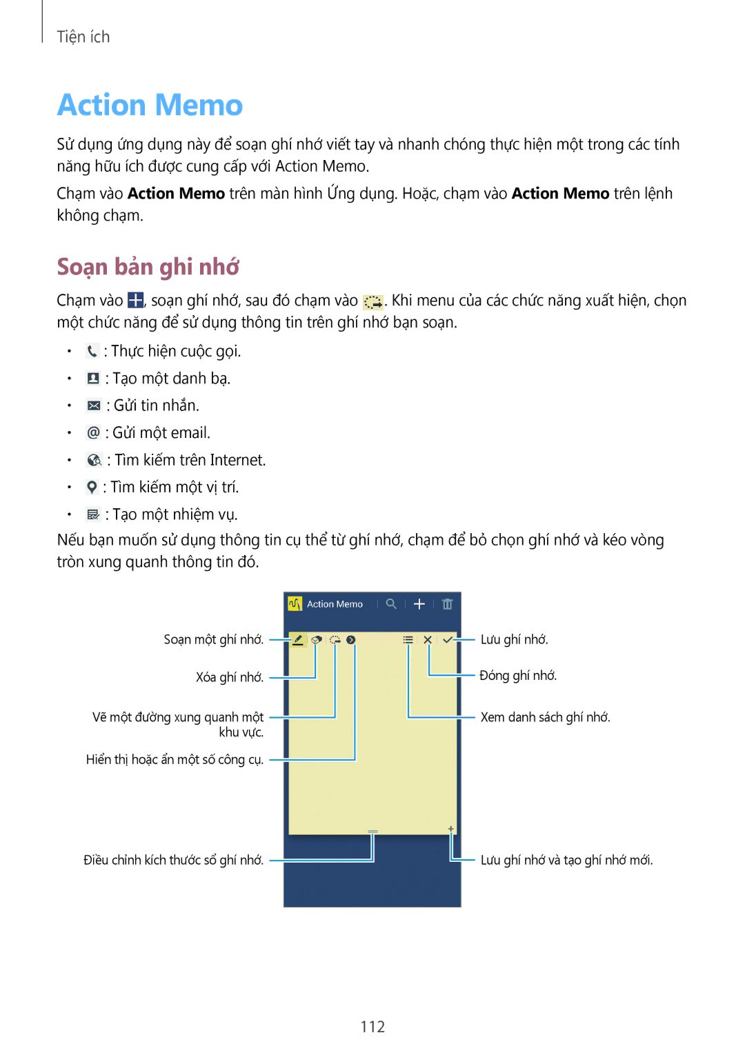 Samsung SM-N7500ZWAXXV, SM-N7500ZKAXXV manual Action Memo, Soạn bản ghi nhớ, 112 