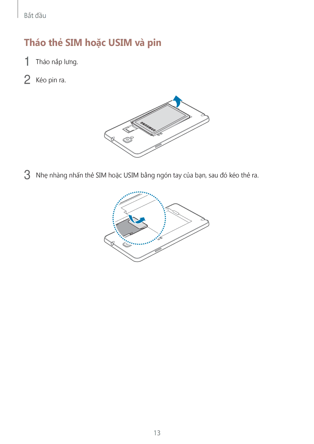 Samsung SM-N7500ZKAXXV, SM-N7500ZWAXXV manual Tháo thẻ SIM hoặc Usim và pin 