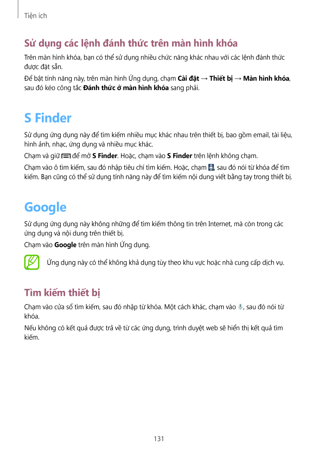 Samsung SM-N7500ZKAXXV manual Finder, Google, Sử dụng các lệnh đánh thức trên màn hình khóa, Tìm kiếm thiết bị, 131 