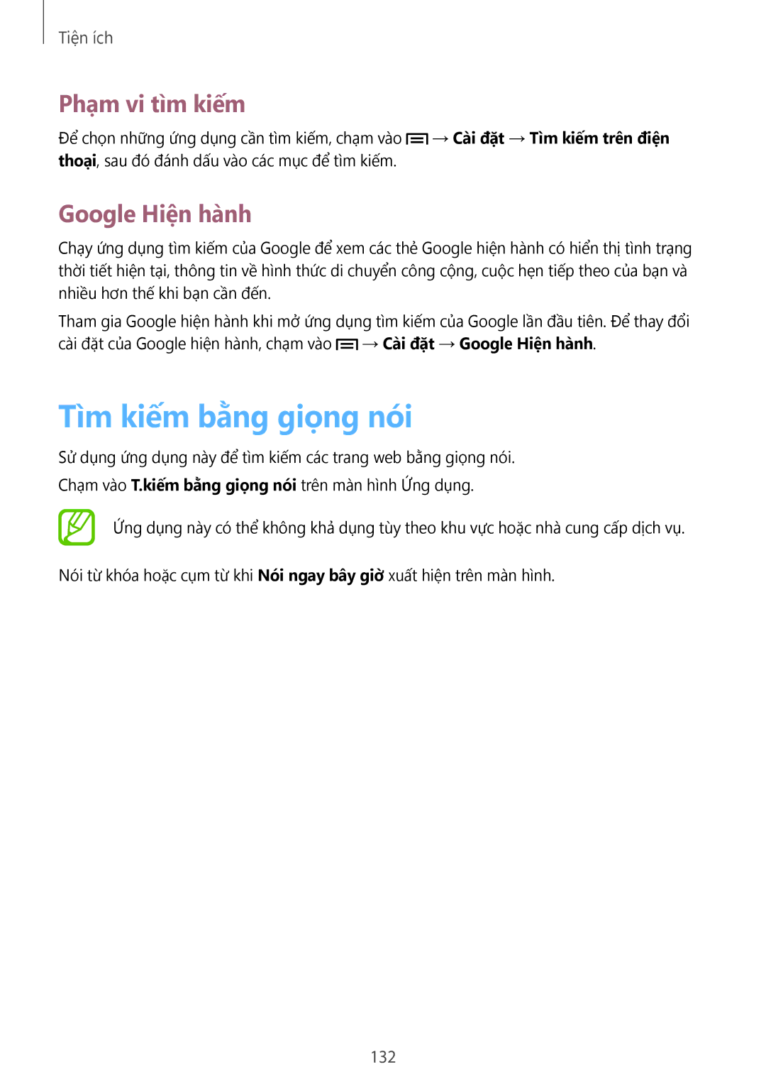 Samsung SM-N7500ZWAXXV, SM-N7500ZKAXXV manual Tìm kiếm bằng giọng nói, Phạm vi tìm kiếm, Google Hiên hanh, 132 